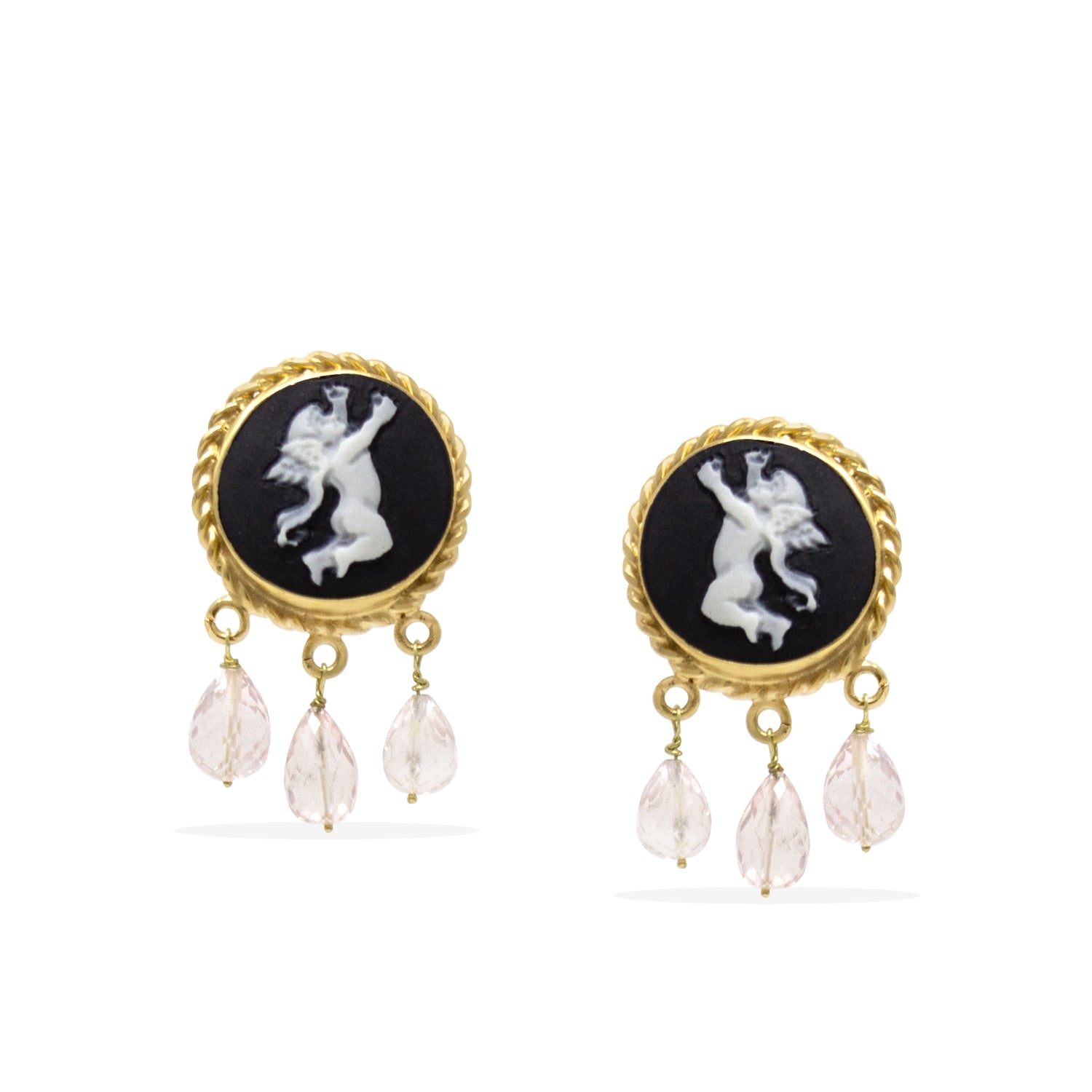 Cherubs Black Cameo And Pink Quartz Earrings
