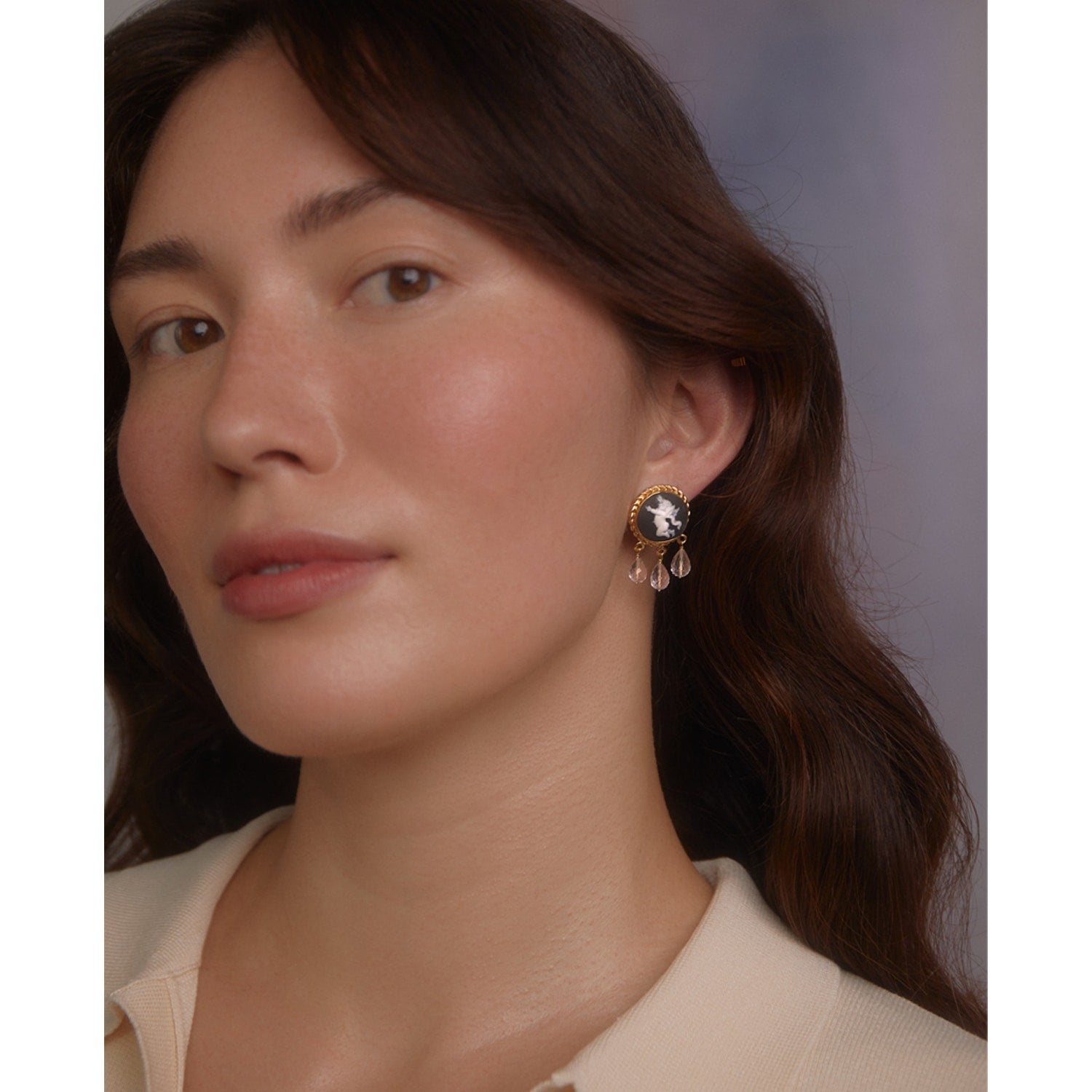 Cherubs Black Cameo And Pink Quartz Earrings