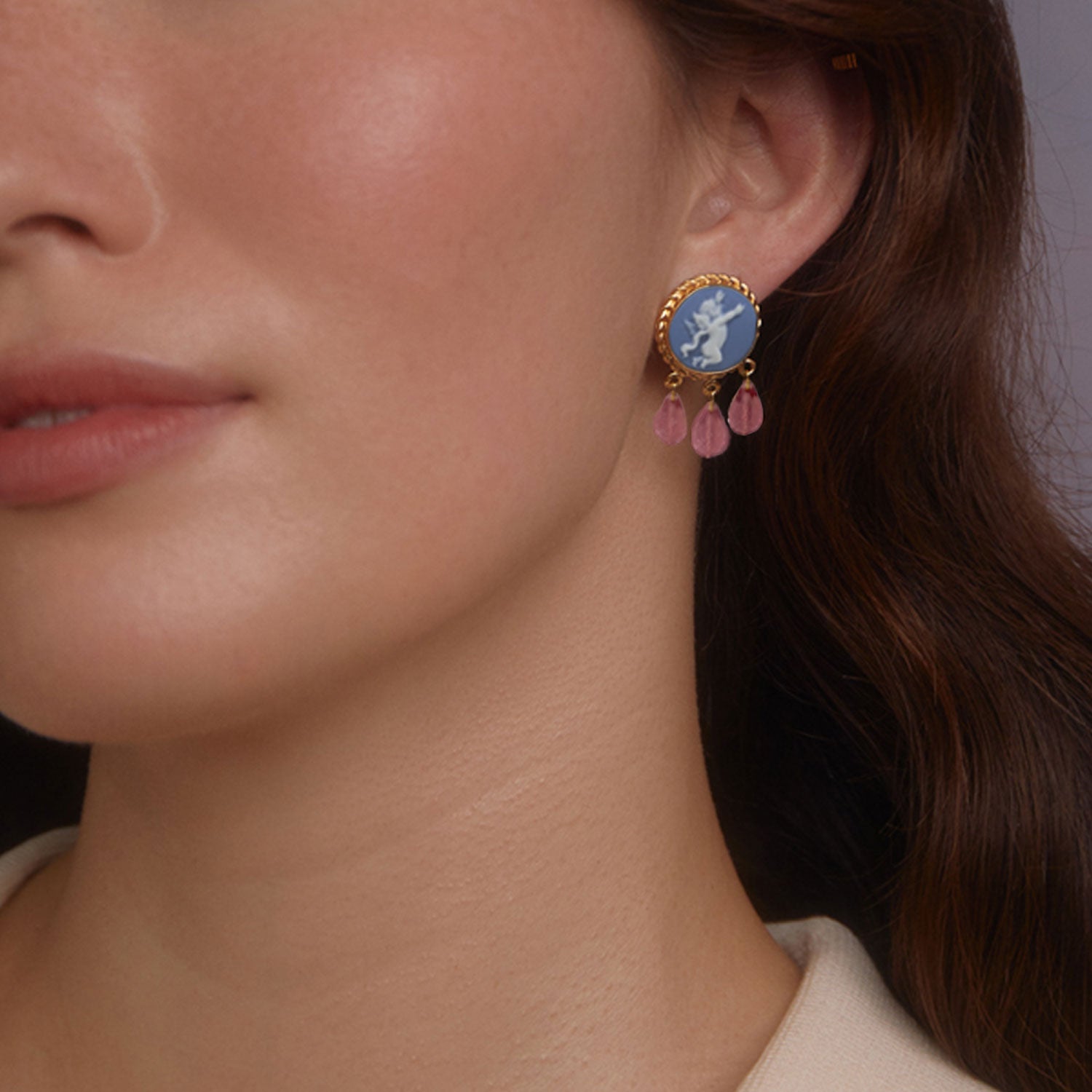 Cherubs Sky Blue Cameo And Tourmalines Earrings