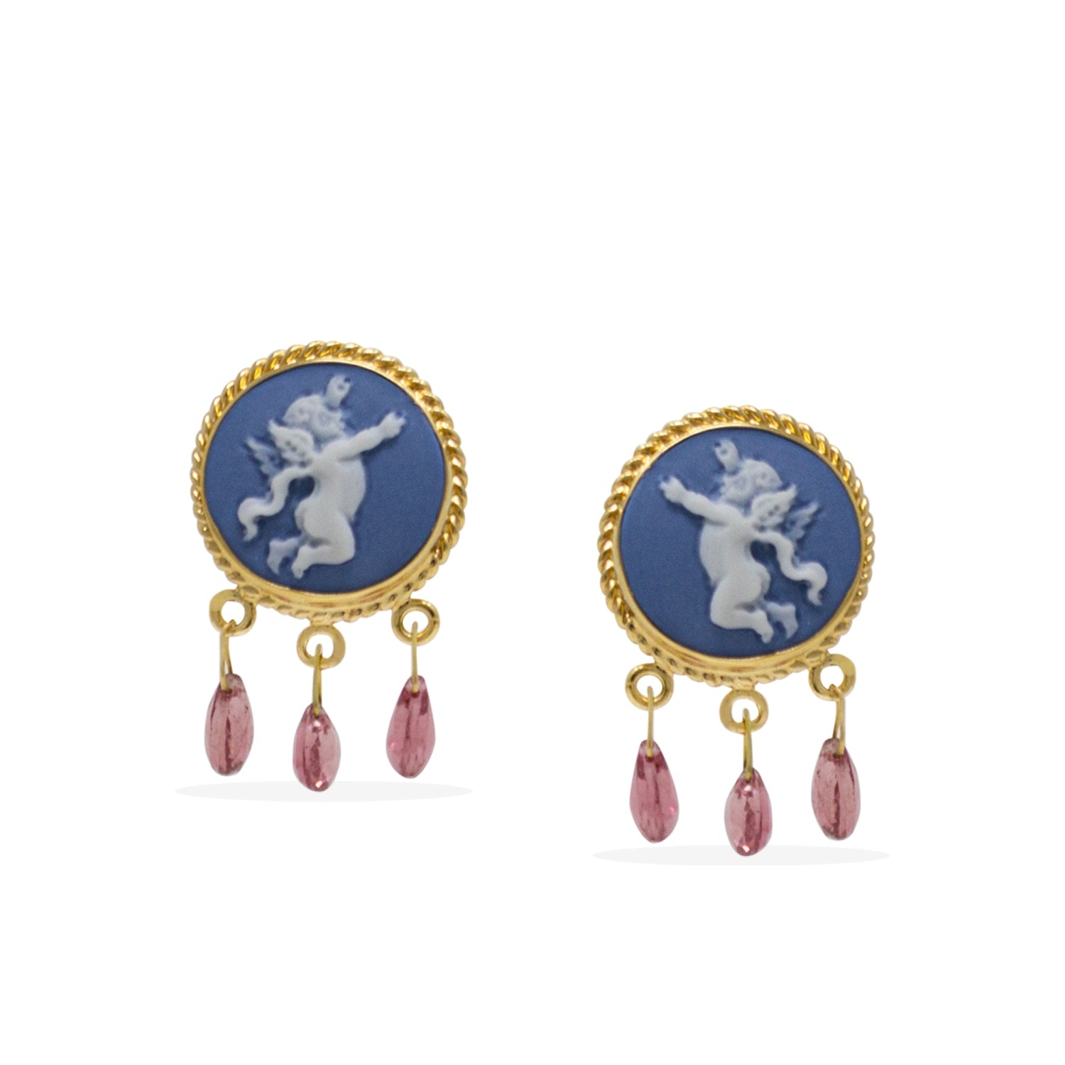 Cherubs Sky Blue Cameo And Tourmalines Earrings