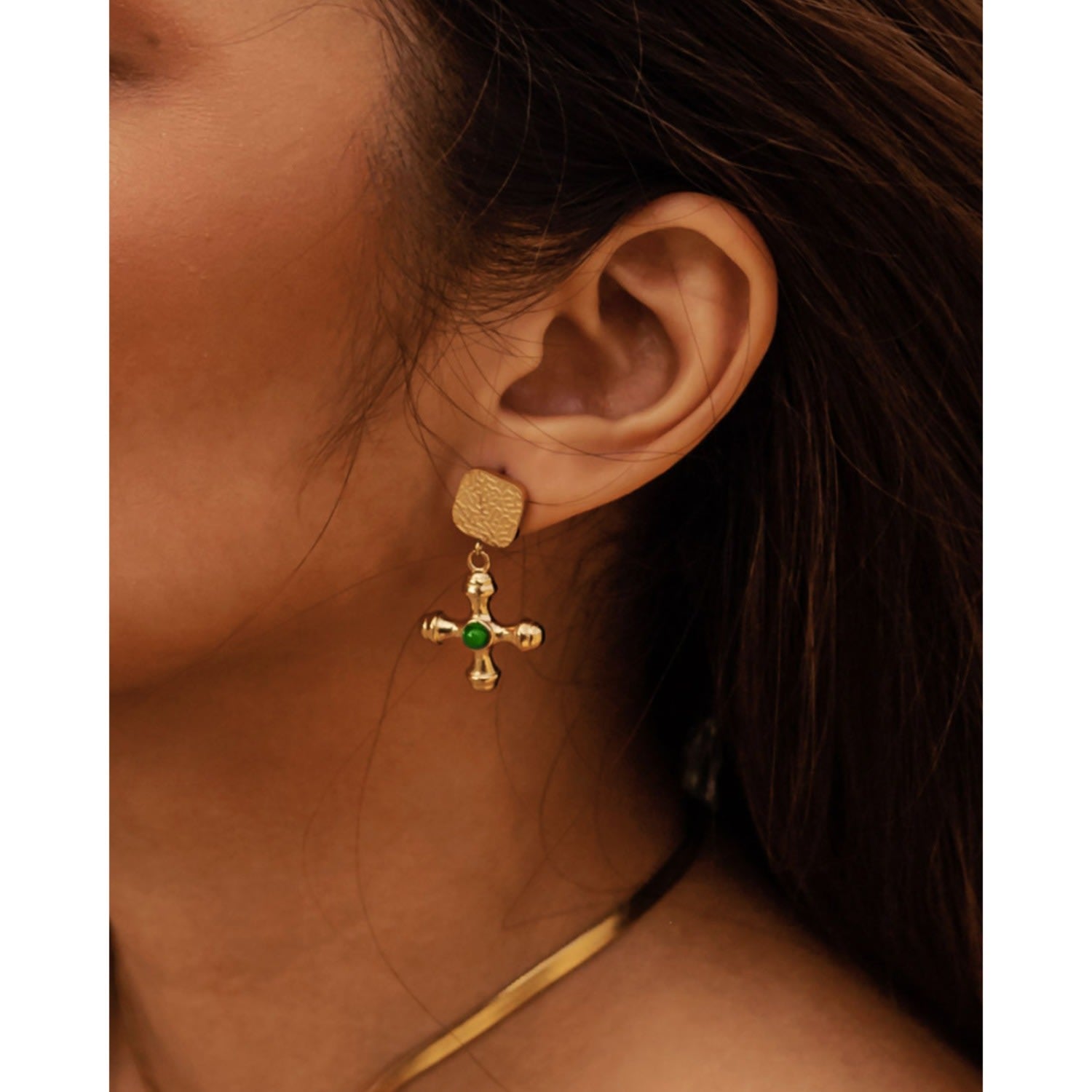 Chiara Green Agate Stone Cross Earrings