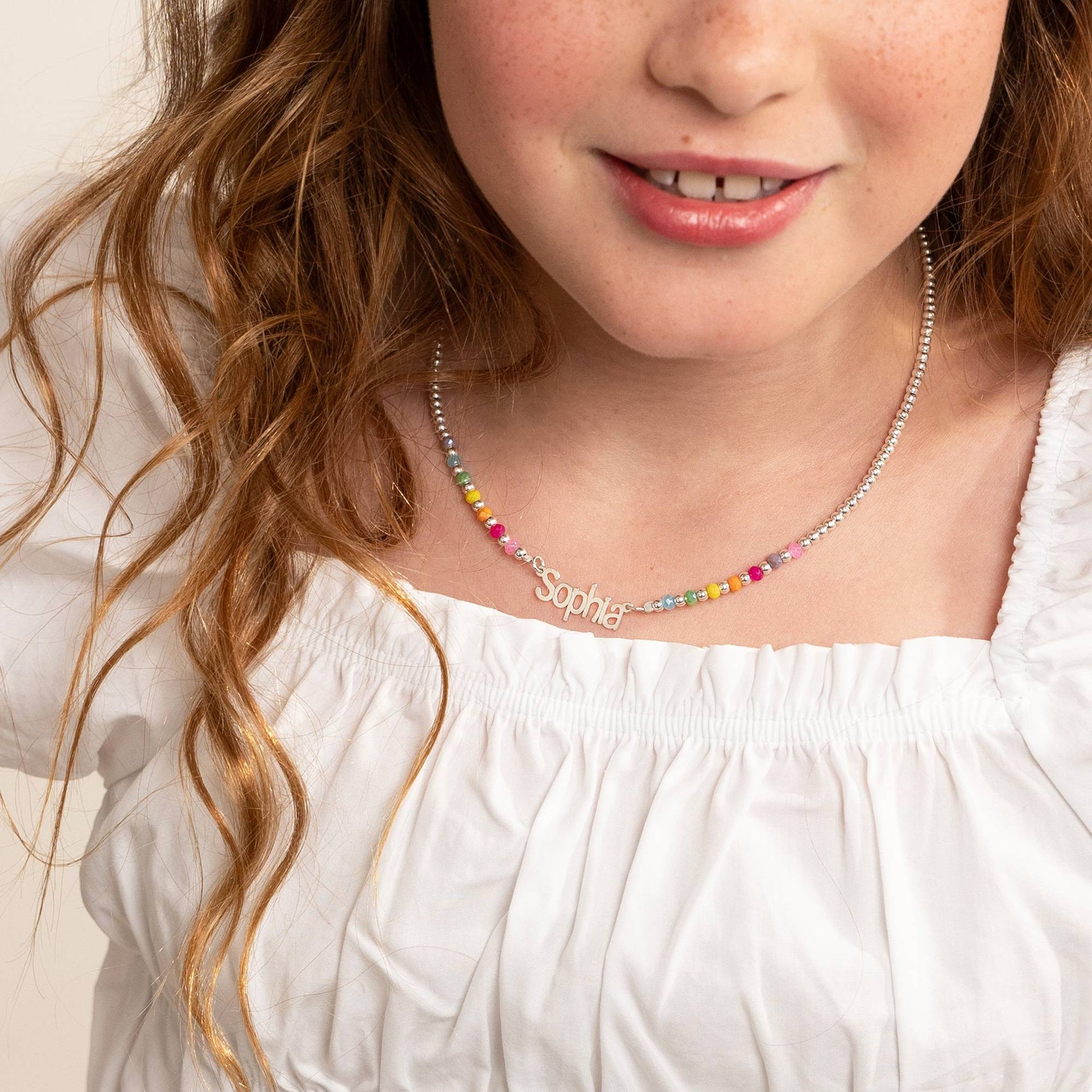 Chicago Rainbow Beaded Name Necklace in Sterling Silver Plated Brass