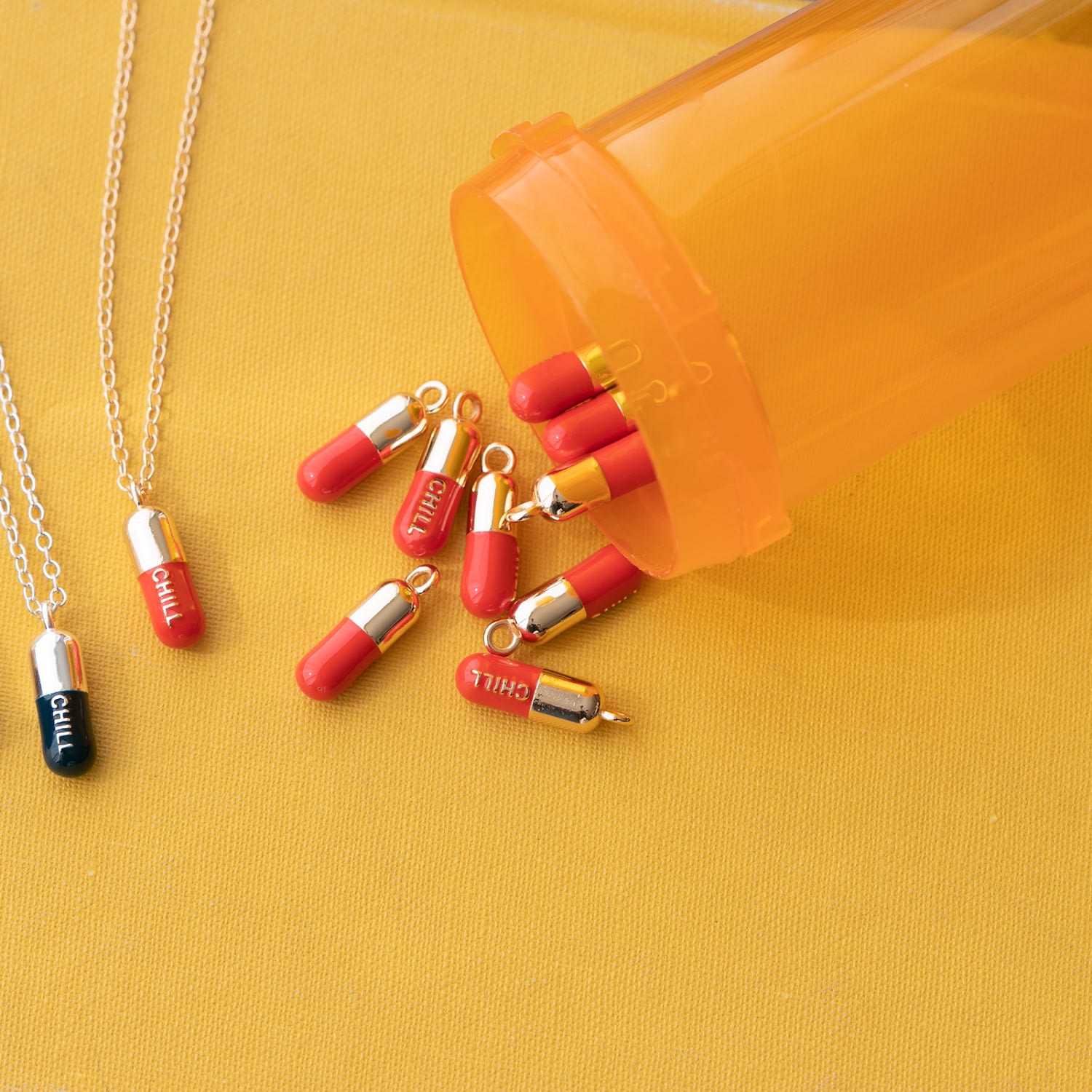 Chill Pill Enamel Necklace Gold Filled & Coral Red Enamel