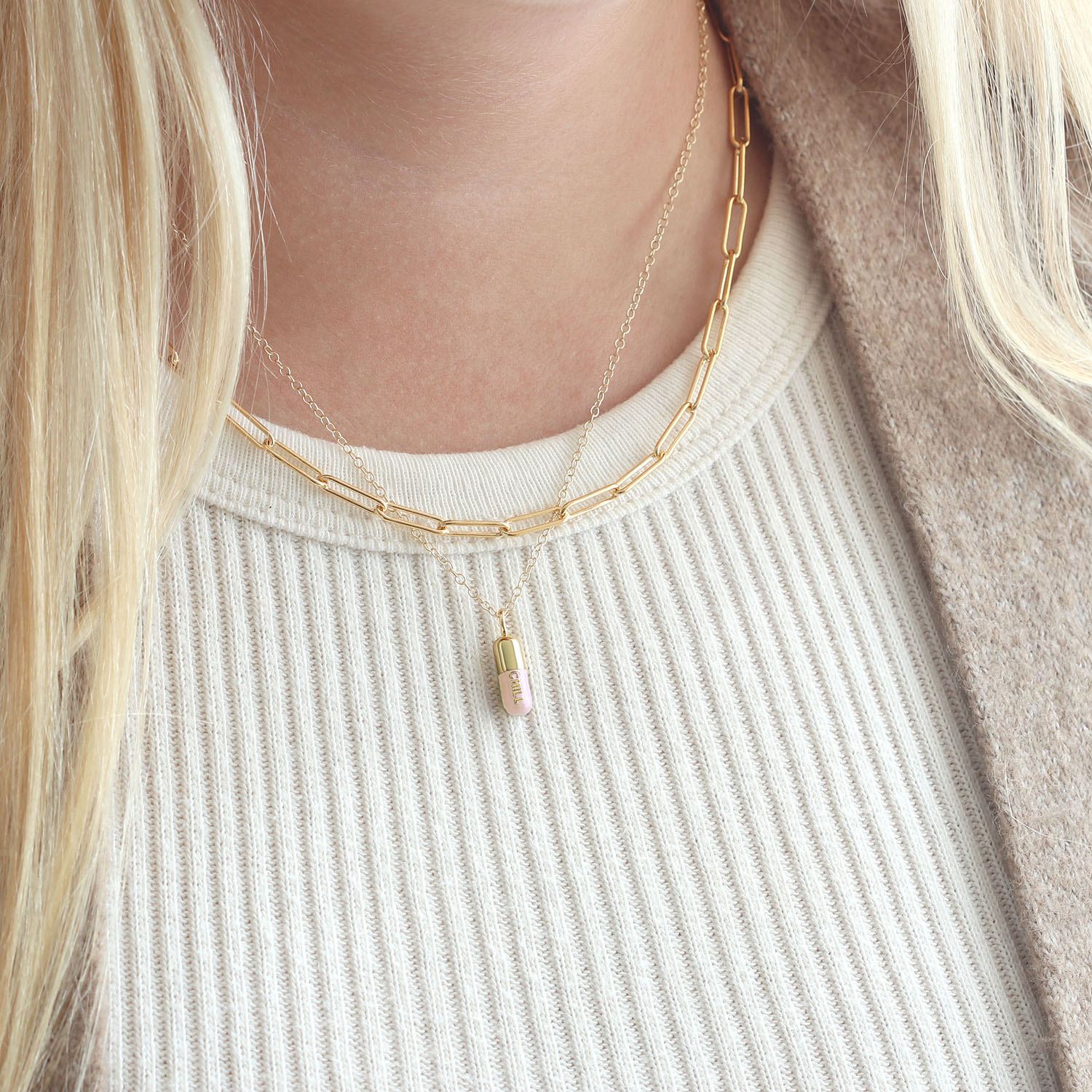 Chill Pill Enamel Necklace Gold Filled & Light Pink Enamel