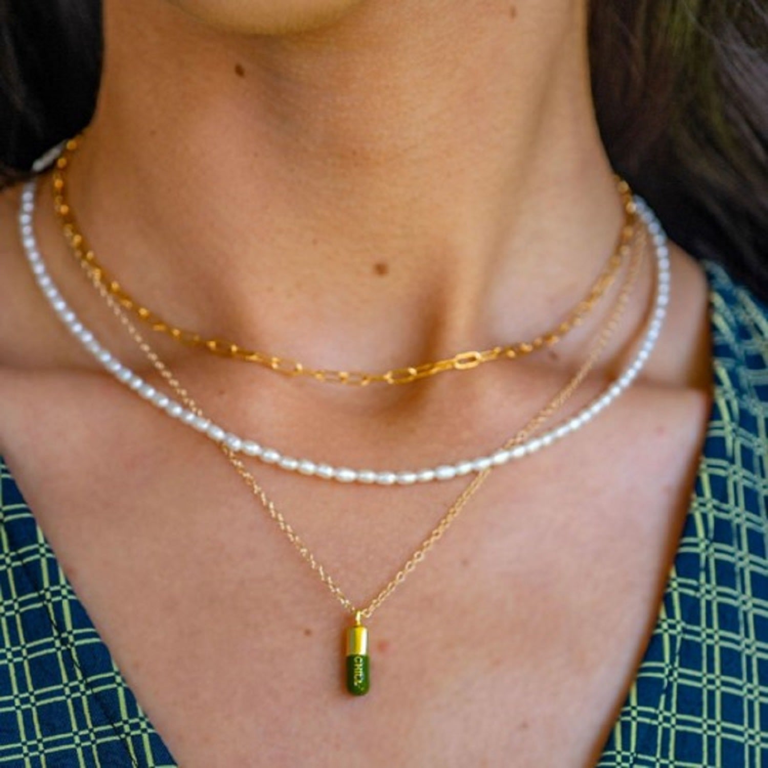 Chill Pill Enamel Necklace Gold Filled & Olive Green Enamel