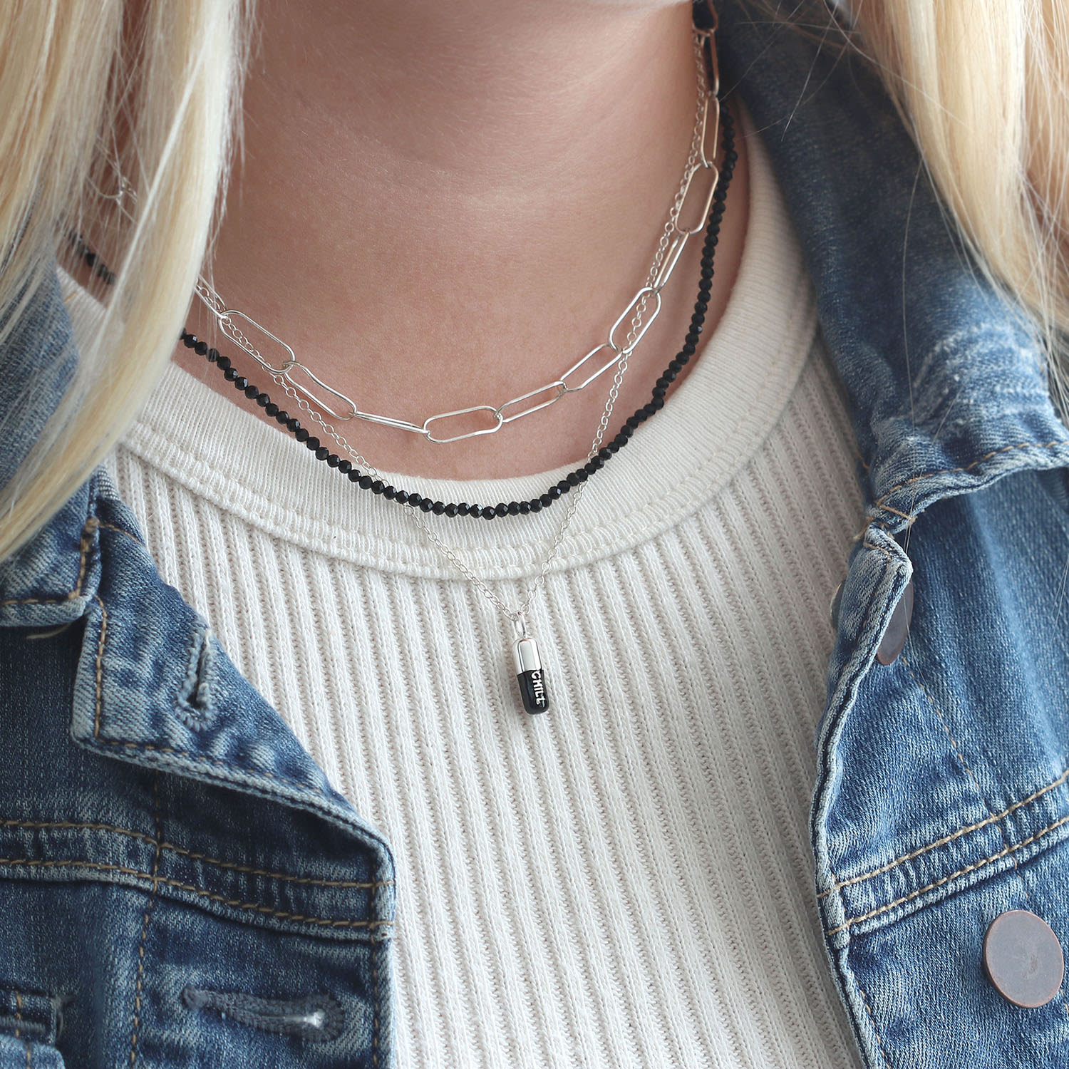 Chill Pill Enamel Necklace Sterling Silver, Black