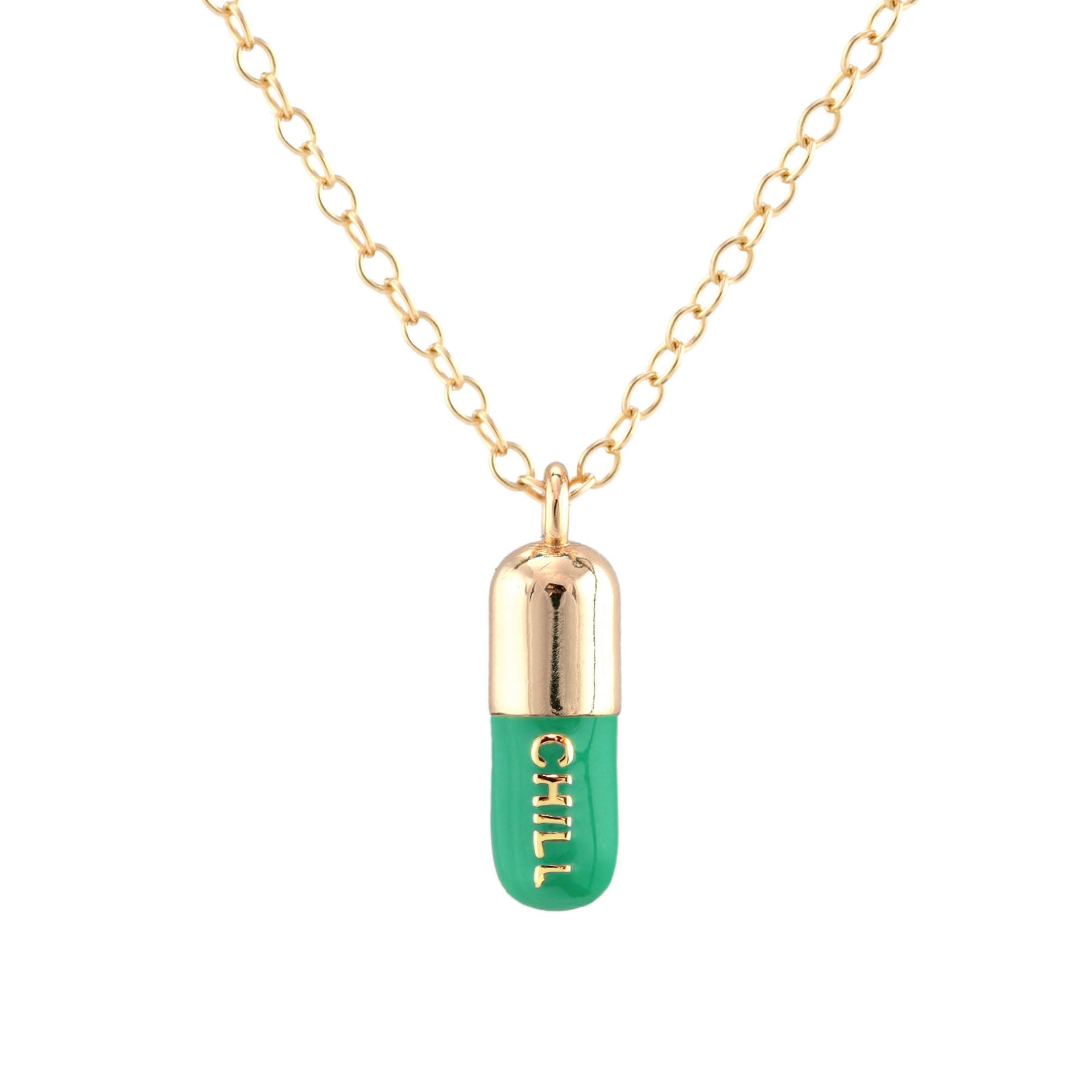 Chill Pill Enamel Necklace Gold Filled & Emerald Enamel