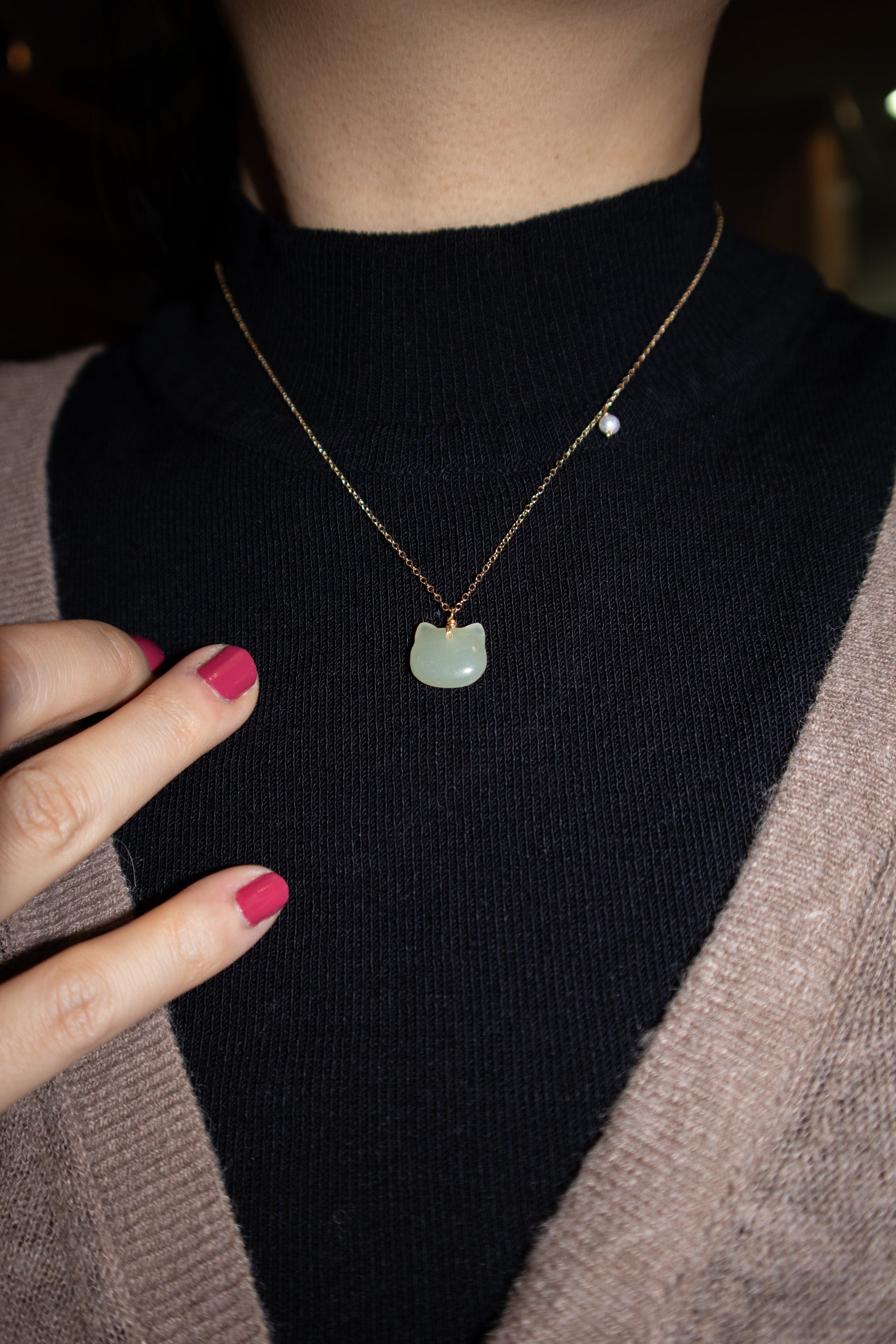 Choupette Cat Green Jade Pendant Necklace