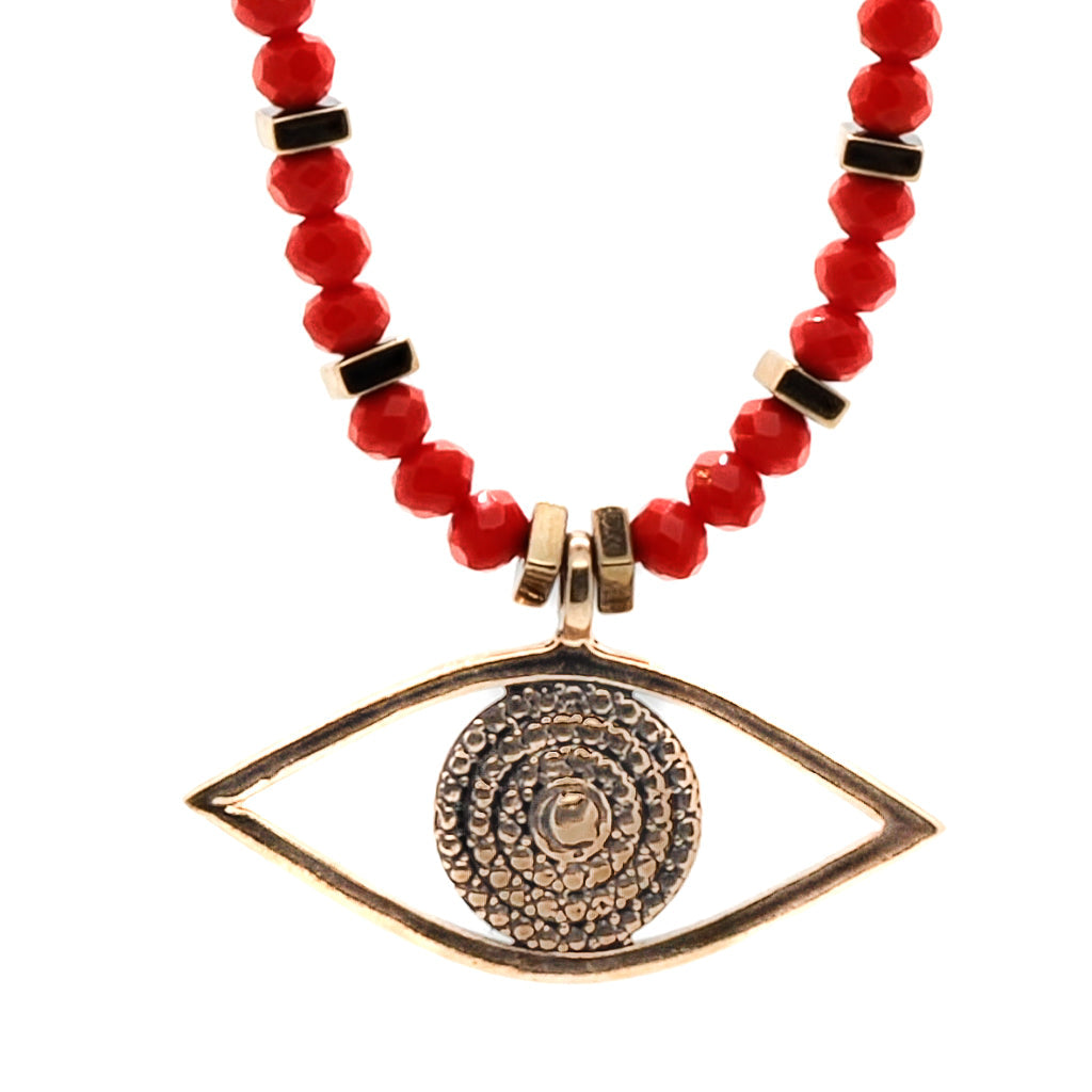 Christmas Vibe Watchful Evil Eye Pendant Red Beaded Necklace - Red