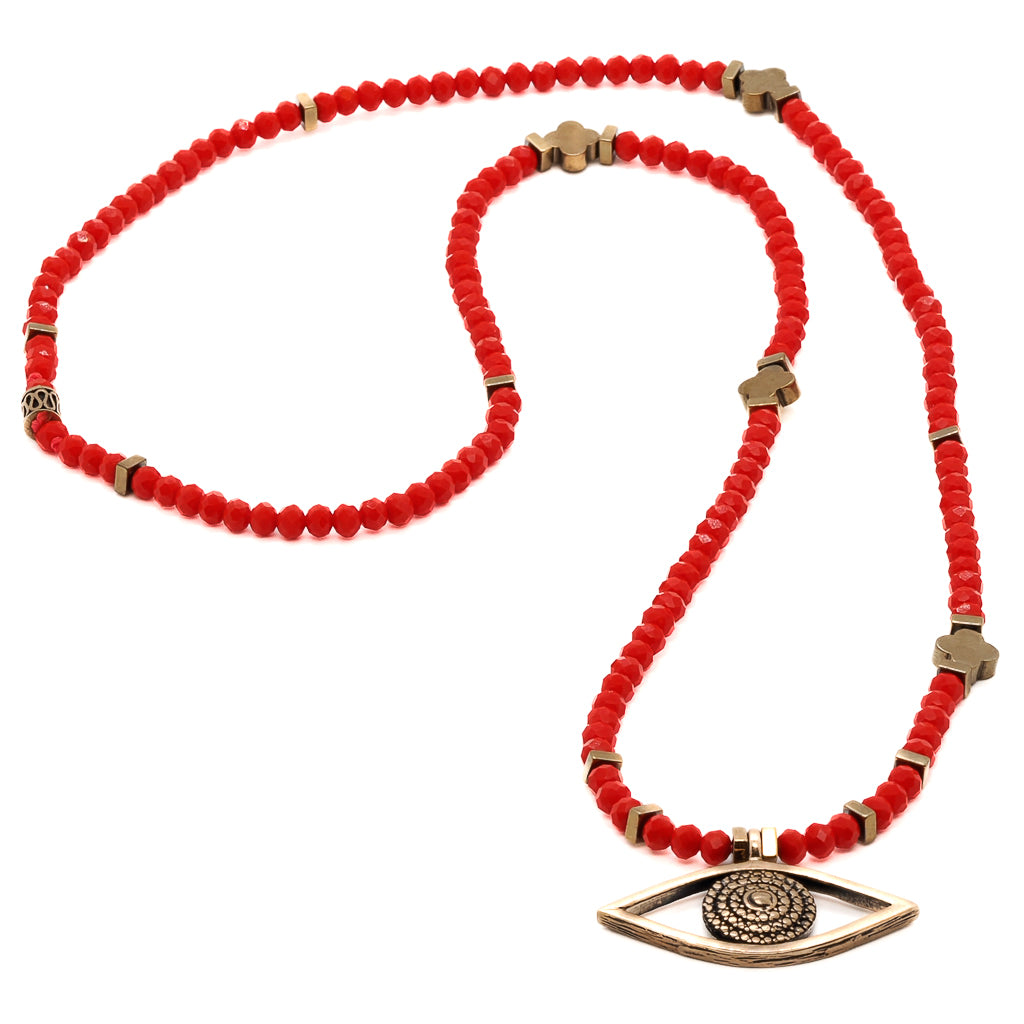 Christmas Vibe Watchful Evil Eye Pendant Red Beaded Necklace - Red