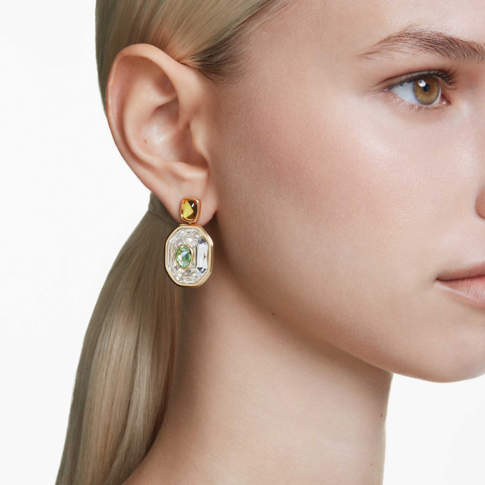 CHROMA DROP EARRINGS ASYMMETRICAL DESIGN OCTAGON CUT MULTICOLORED GOLD TONE PLATED