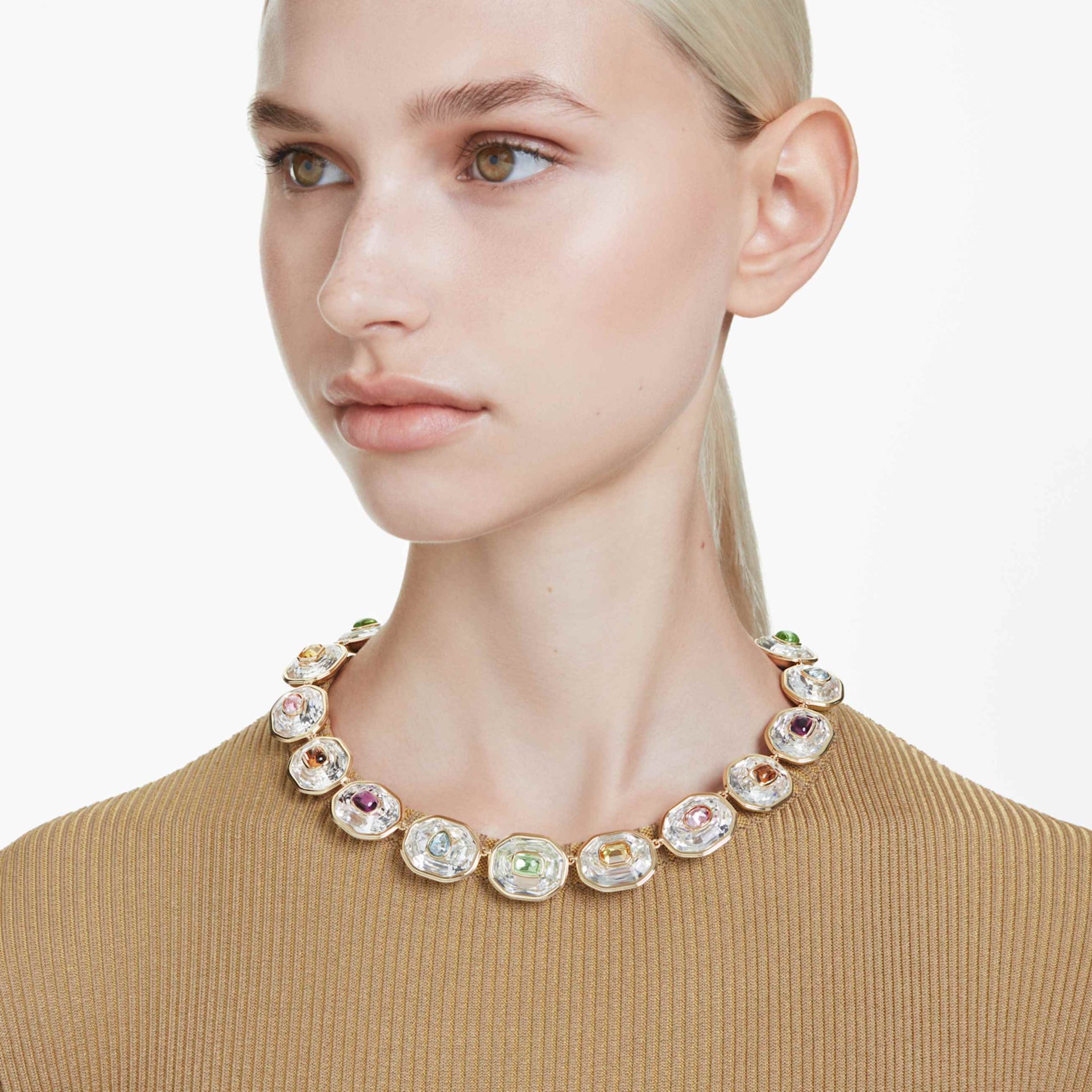 CHROMA TENNIS NECKLACE OCTAGON CUT MULTICOLORED GOLD TONE PLATED
