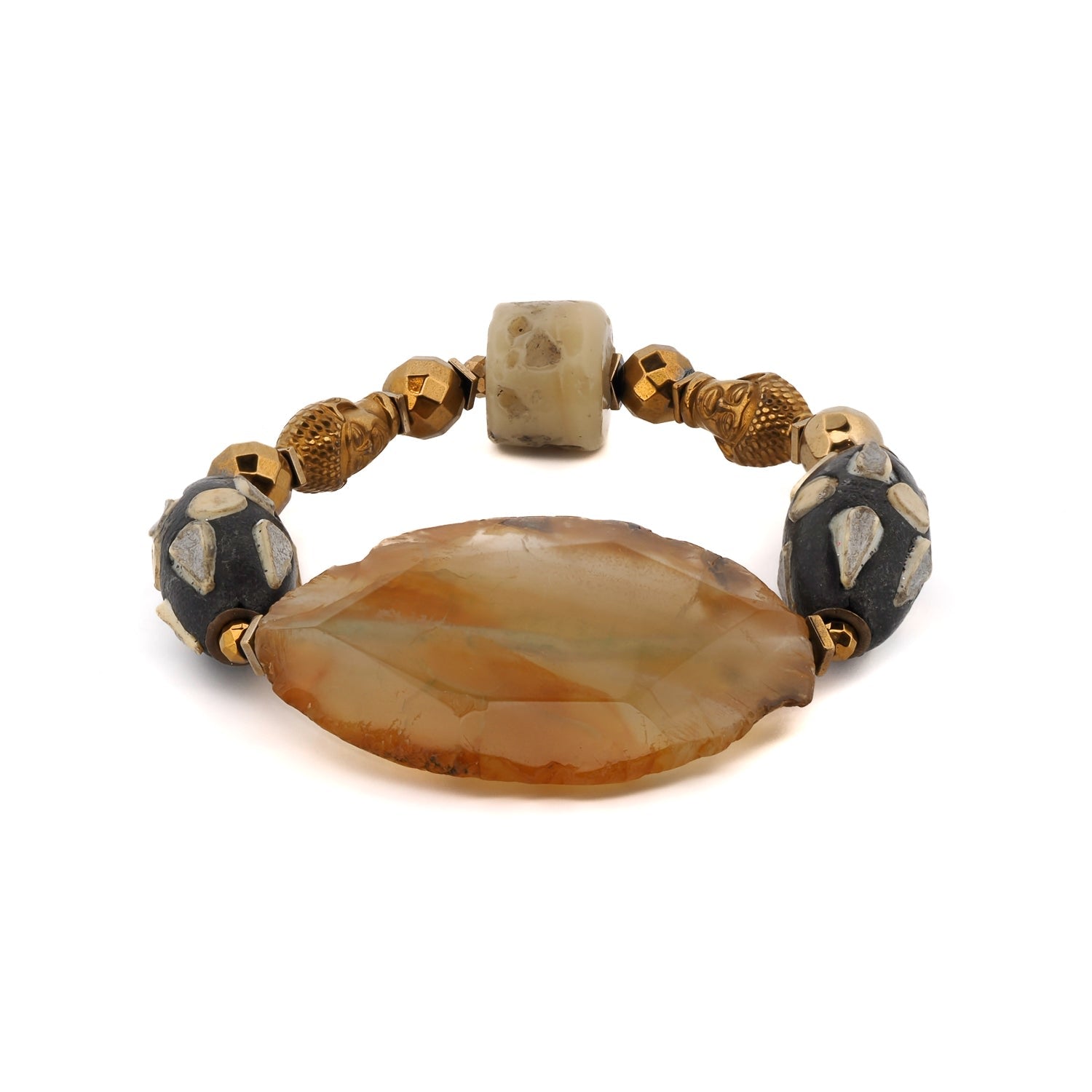 Chunky Agate Stone Gold Buddha Beaded Bracelet - Gold