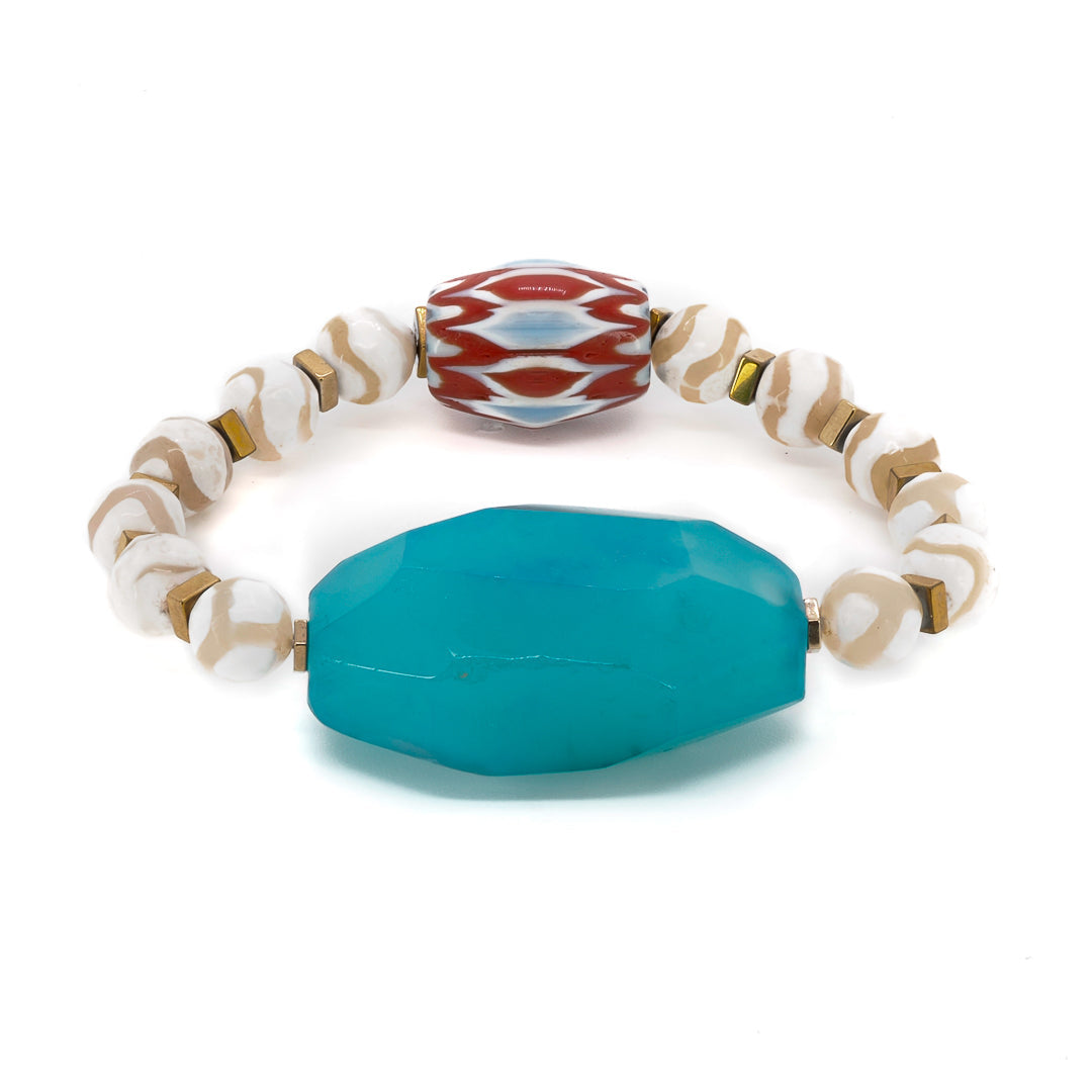Chunky Blue Agate Stone White Nepal Agate Bracelet - White