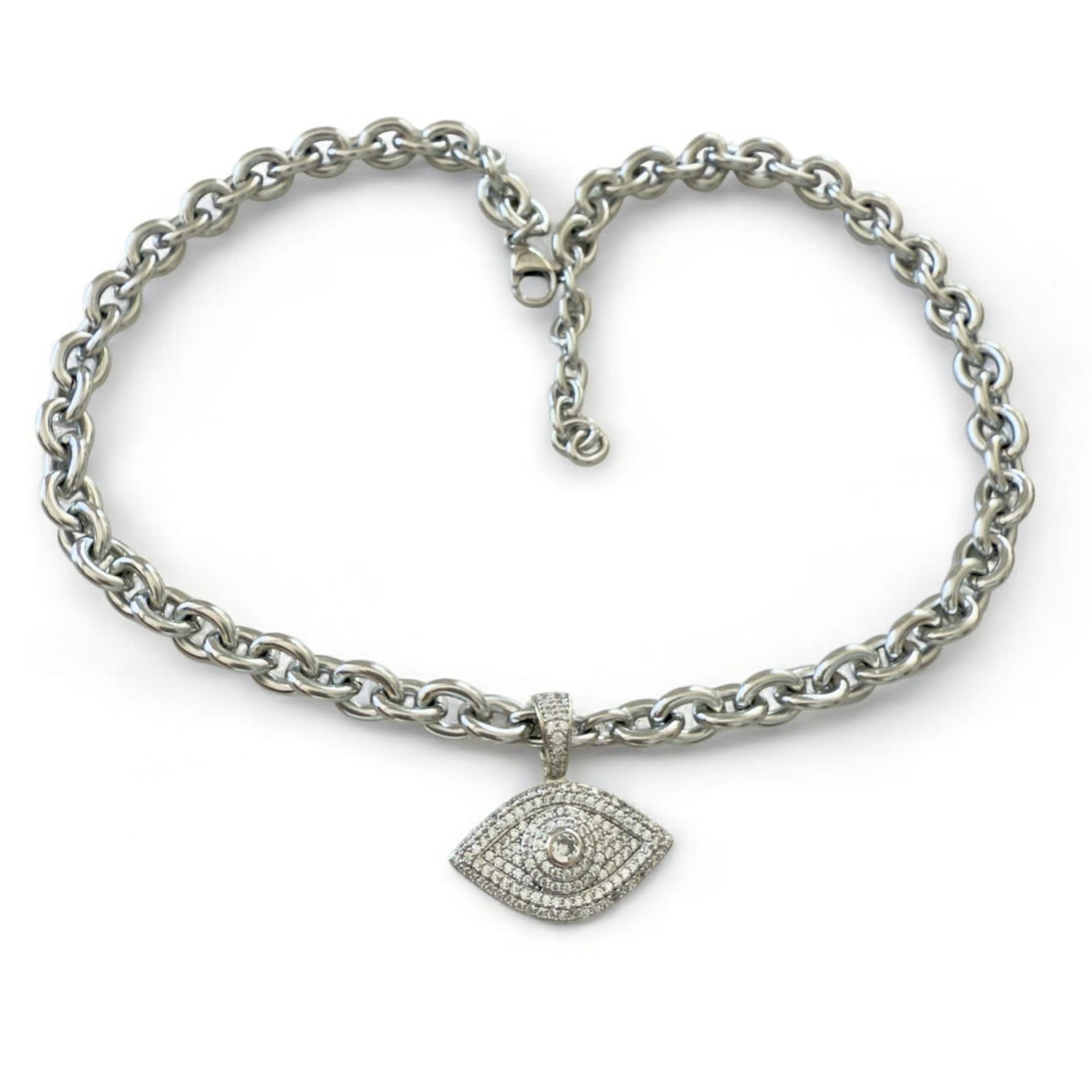 Chunky Chain Evil Eye Necklace White Gold