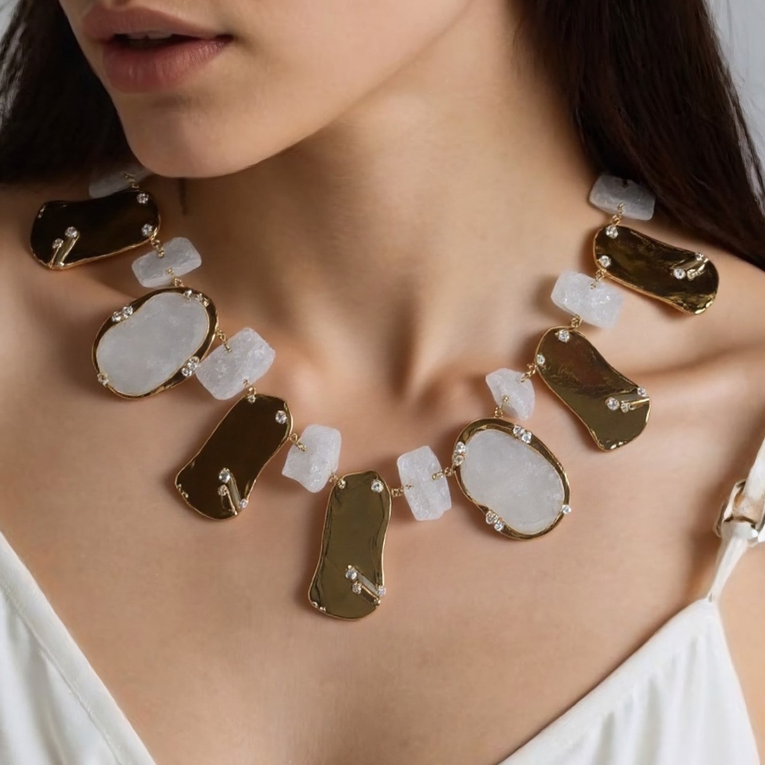 Chunky Clear Quartz Sculptural Petals Statement Necklace