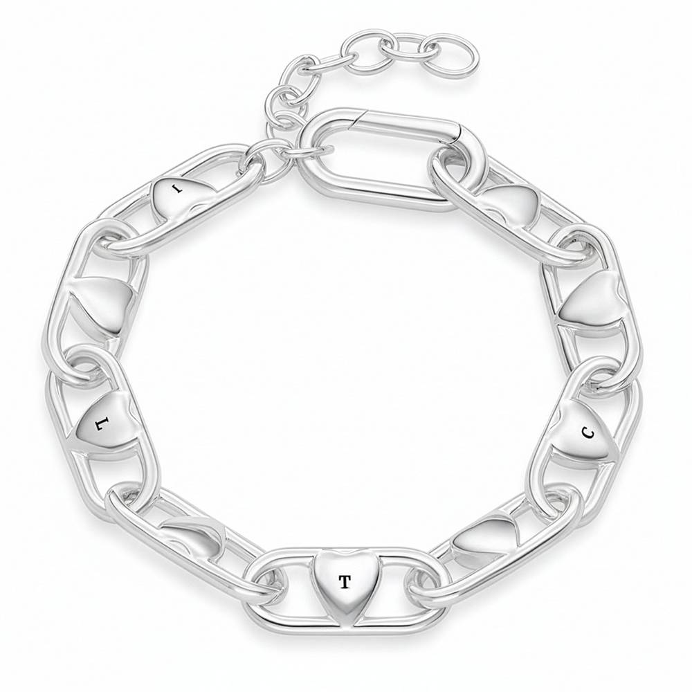 Chunky Linked Hearts Initial Bracelet in Silver Finish