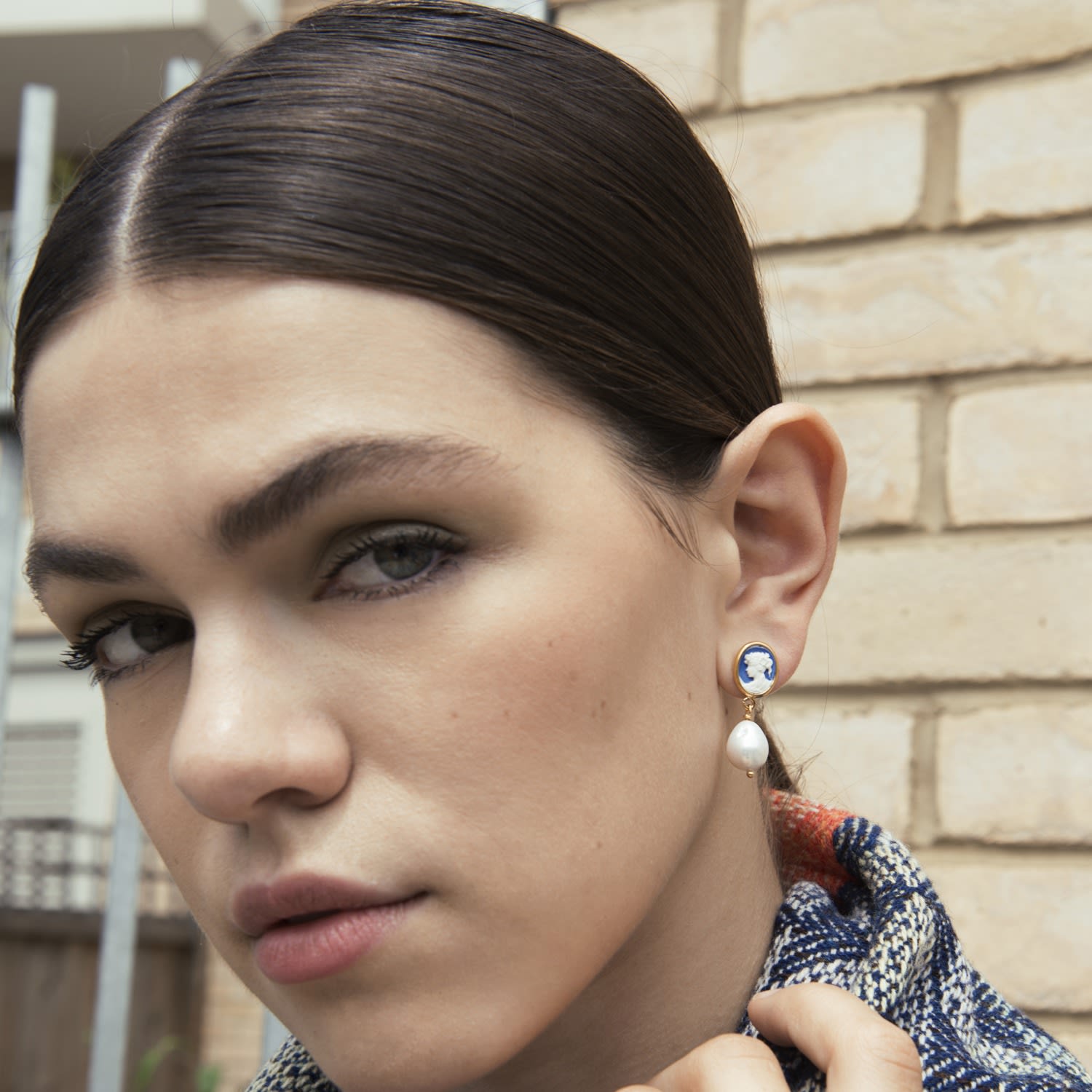 Blue Mini Cameo & Pearls Stud Earrings