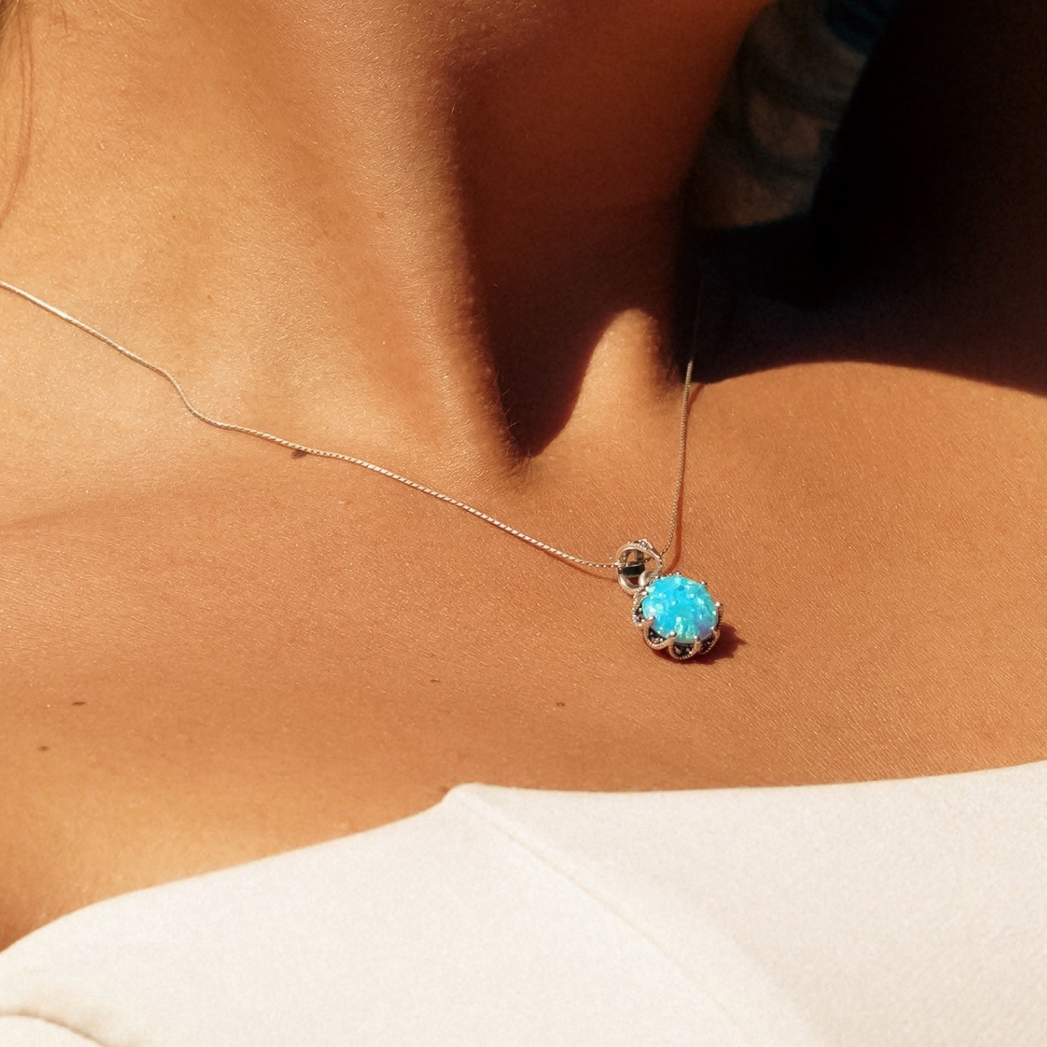 High Quality Round Opal Sterling Silver Pendant Necklace - Light Blue