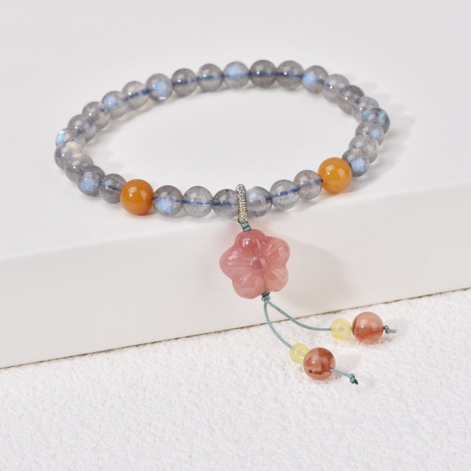 Circular Shaped Agate & Moonstone Cherry Blossom Charm Bracelet
