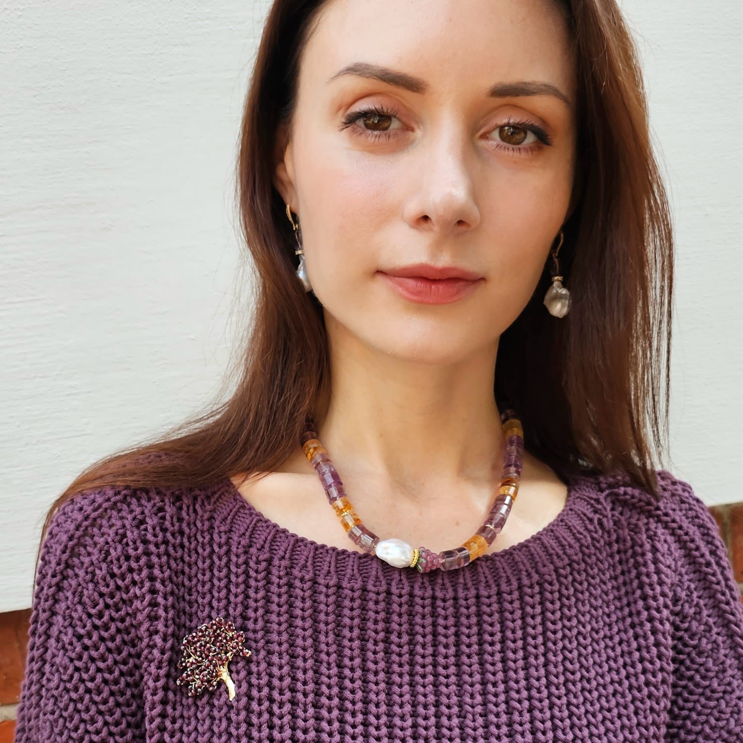 Citrine & Amethyst With Baroque Peals Necklace