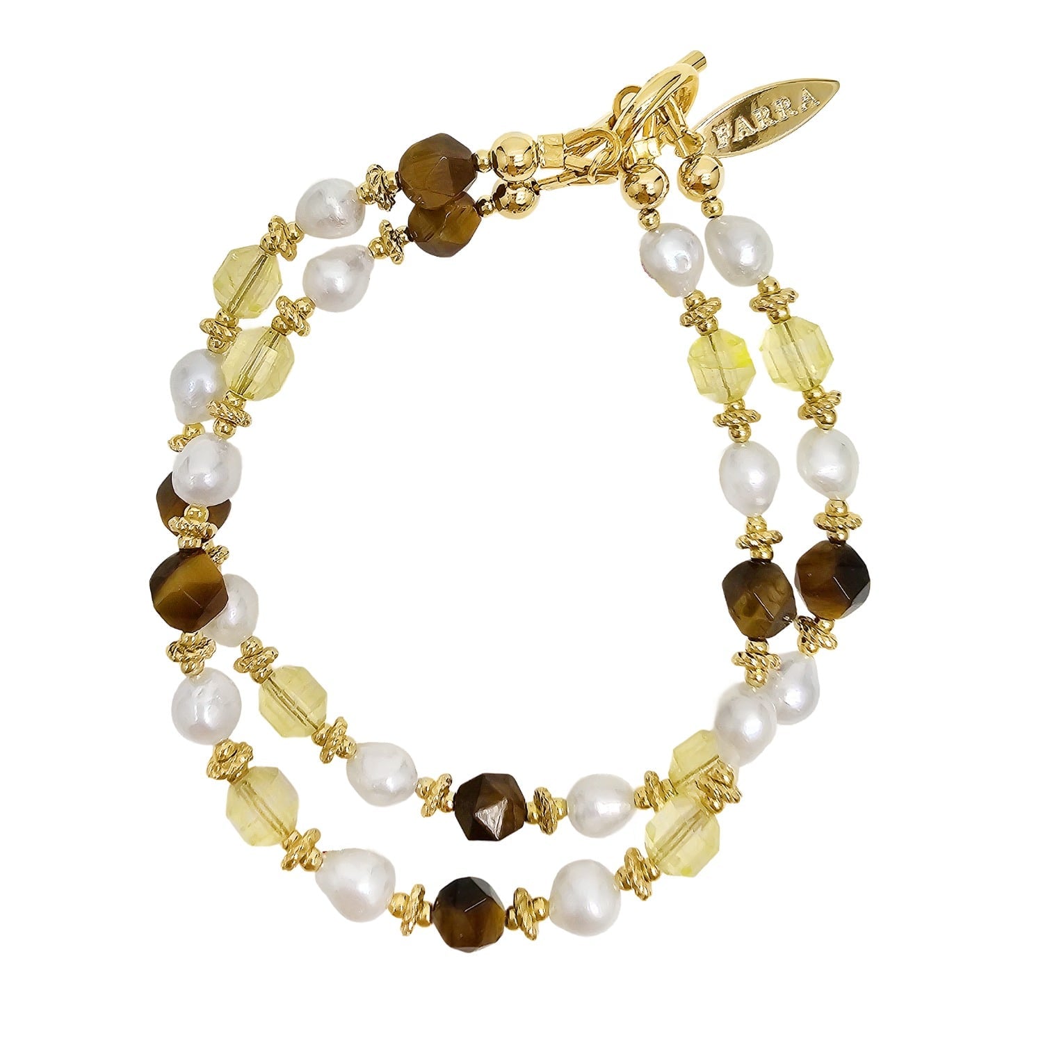 Citrine And Brown Tiger-Eye With Freshwater Pearls Double Layers Bracelet