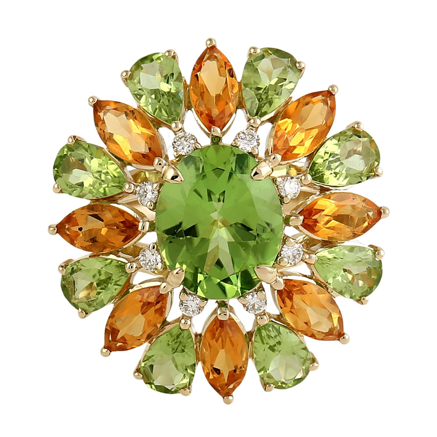 Citrine & Peridot Gemstone Pave Diamond Cocktail Ring In Gold
