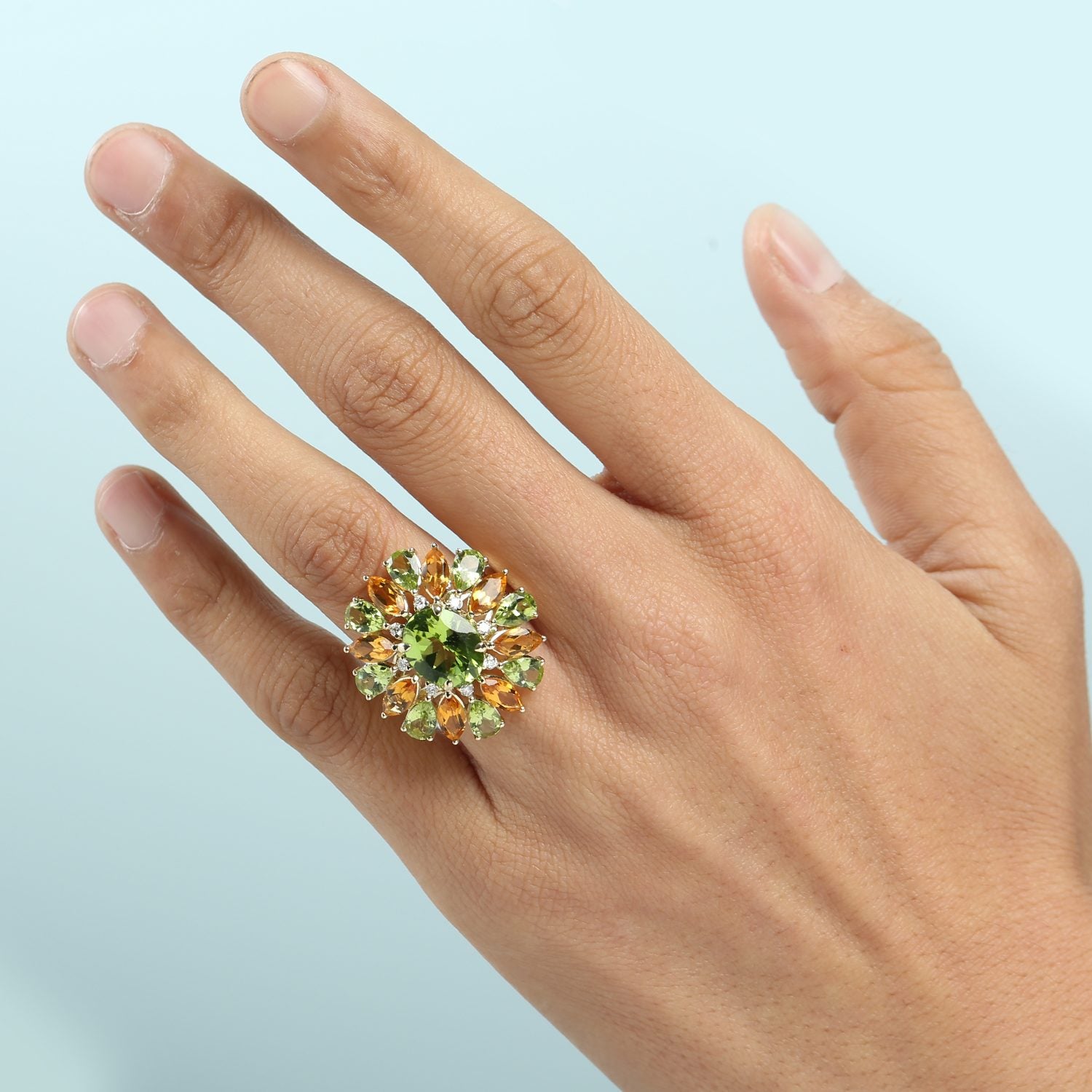 Citrine & Peridot Gemstone Pave Diamond Cocktail Ring In Gold