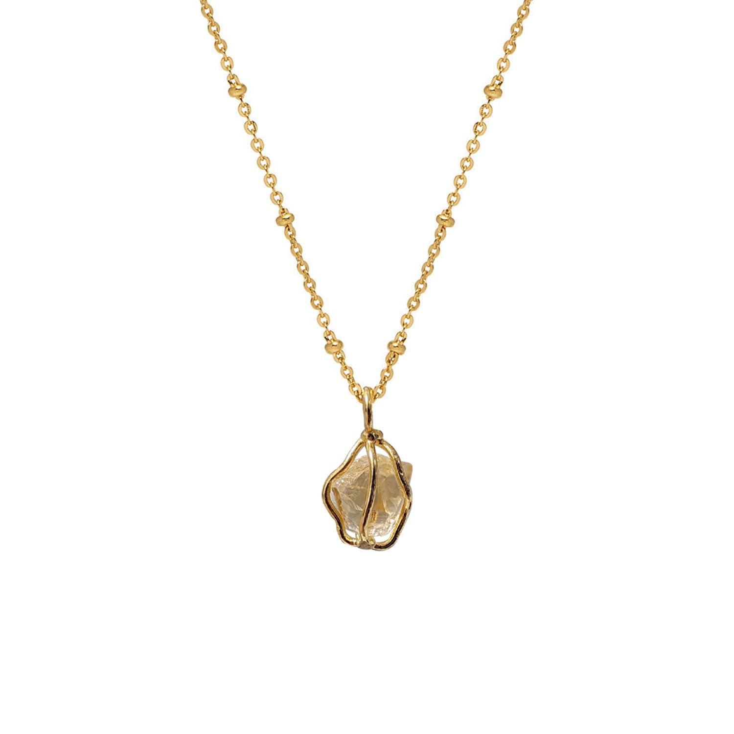 Citrine Raw In Cage Pendant On Short Satellite Chain
