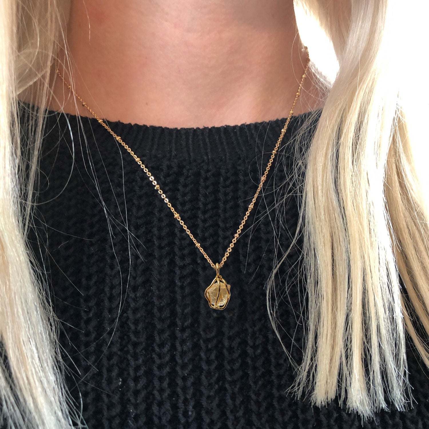 Citrine Raw In Cage Pendant On Short Satellite Chain
