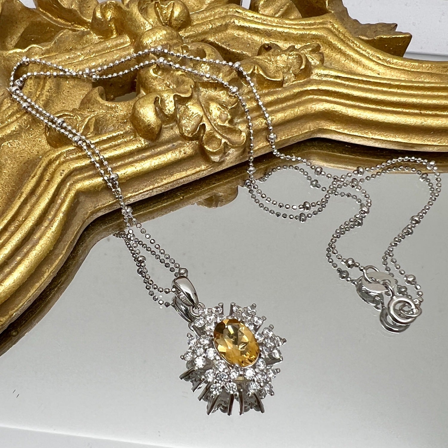 Citrine With Flower Setting Pendant Sterling Silver Necklace
