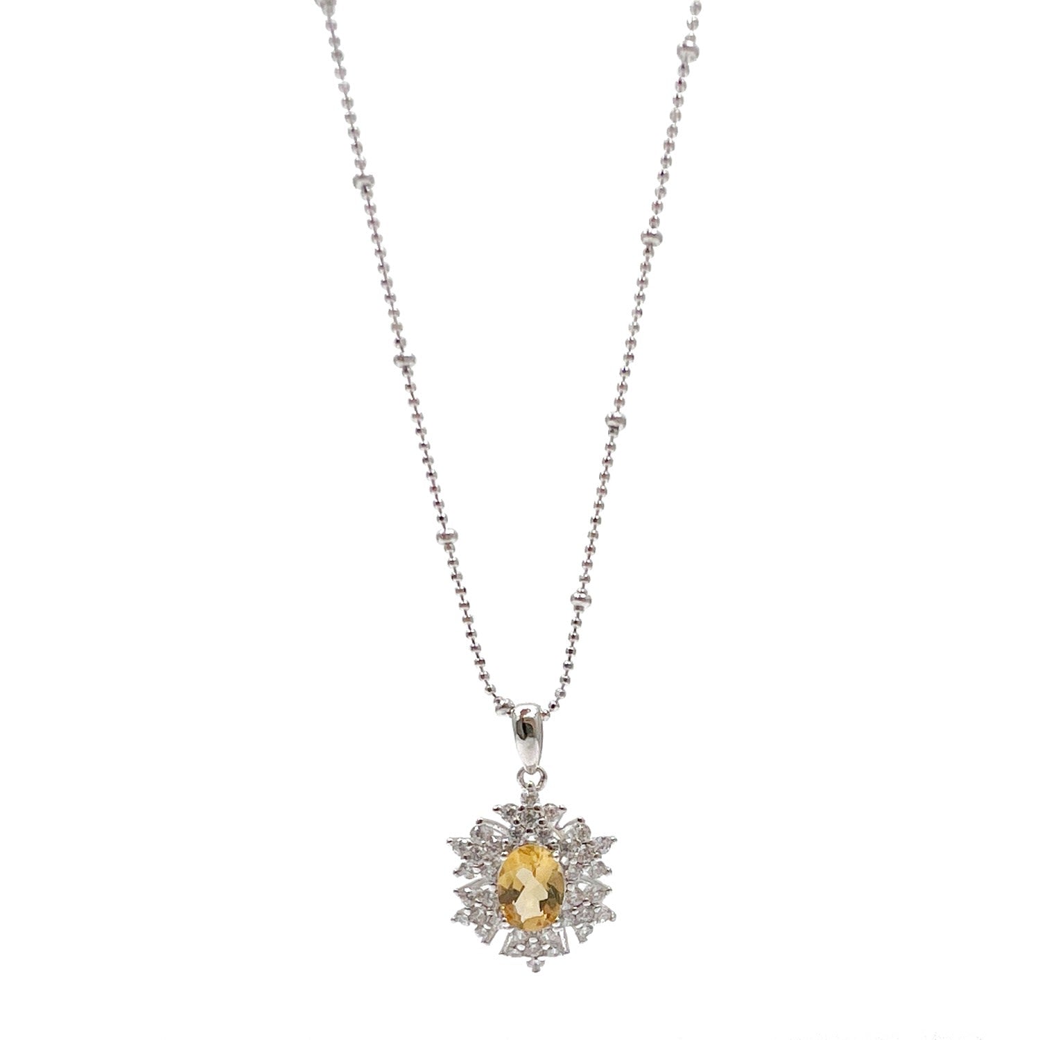 Citrine With Flower Setting Pendant Sterling Silver Necklace