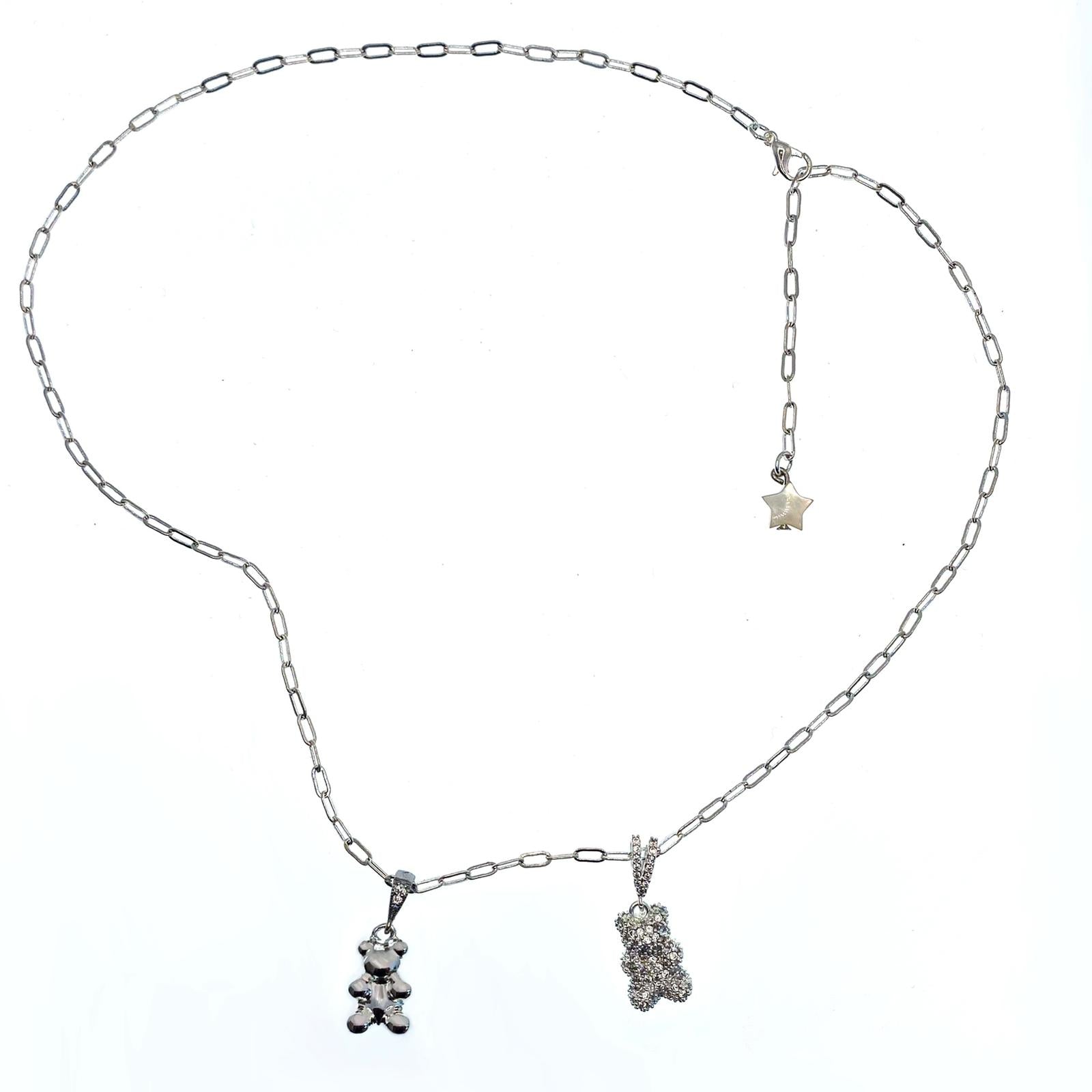 Zirconia Bear Necklace - Double Pendant - Silver