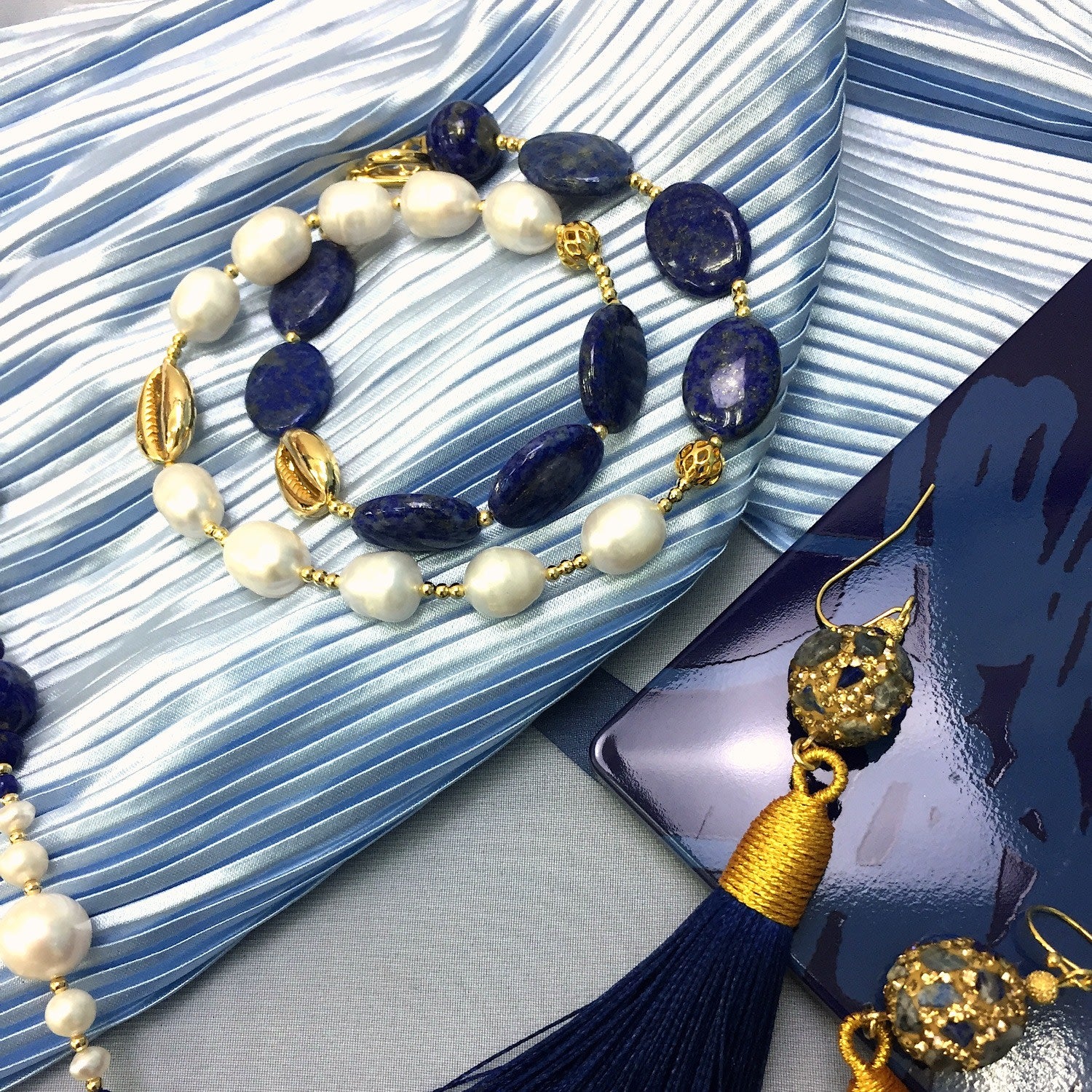 Natural Lapis With Freshwater Pearls Double Wrapped Bracelet