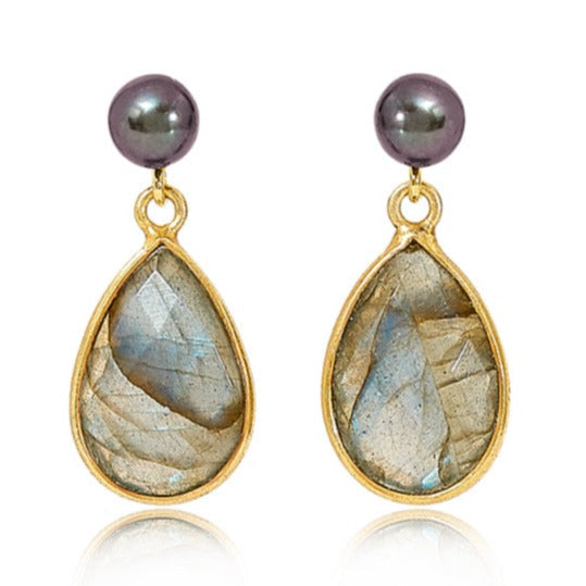 Clara Black Cultured Freshwater Pearl & Labradorite Drop Earrings