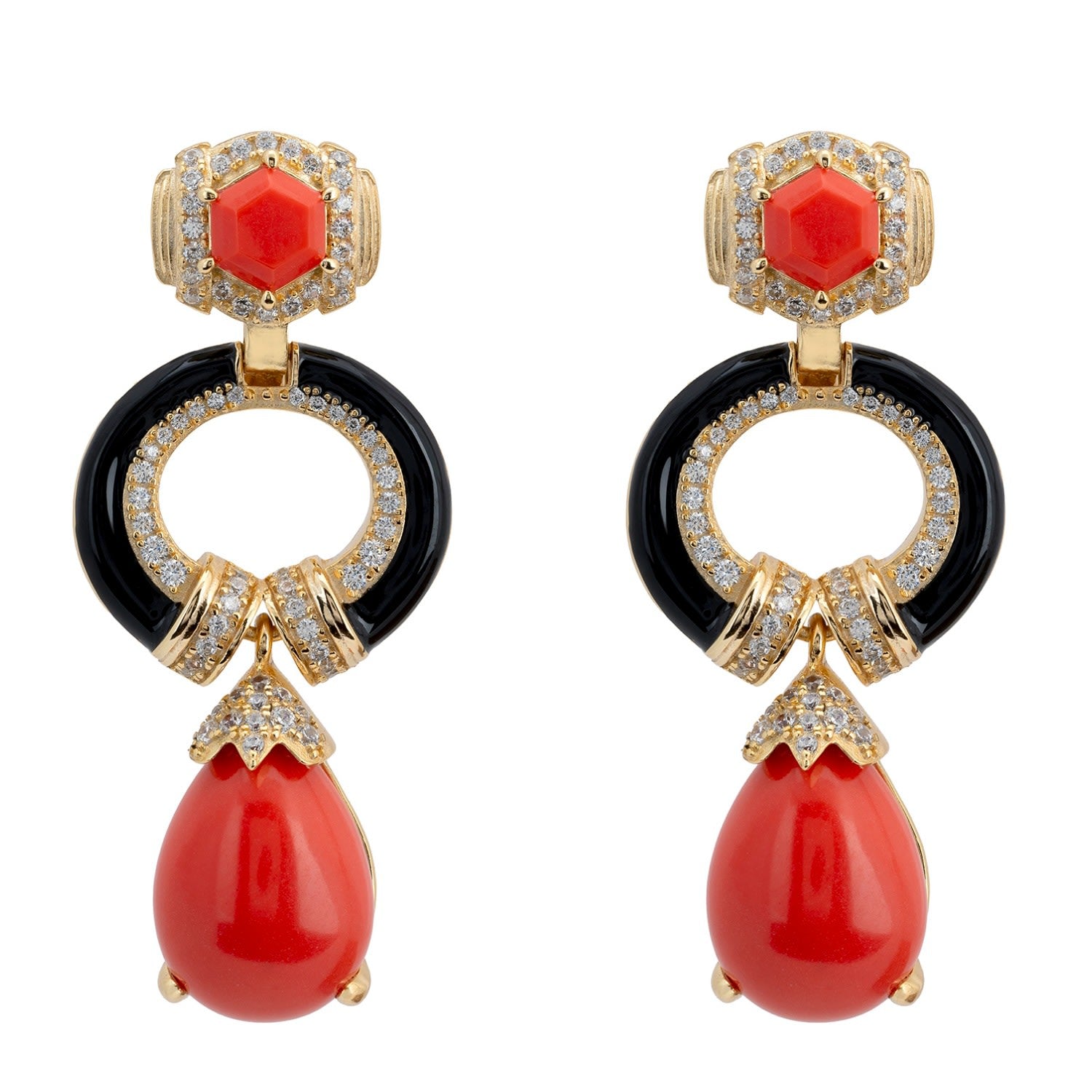 Clara Bow Coral & Enamel Drop Earrings Gold