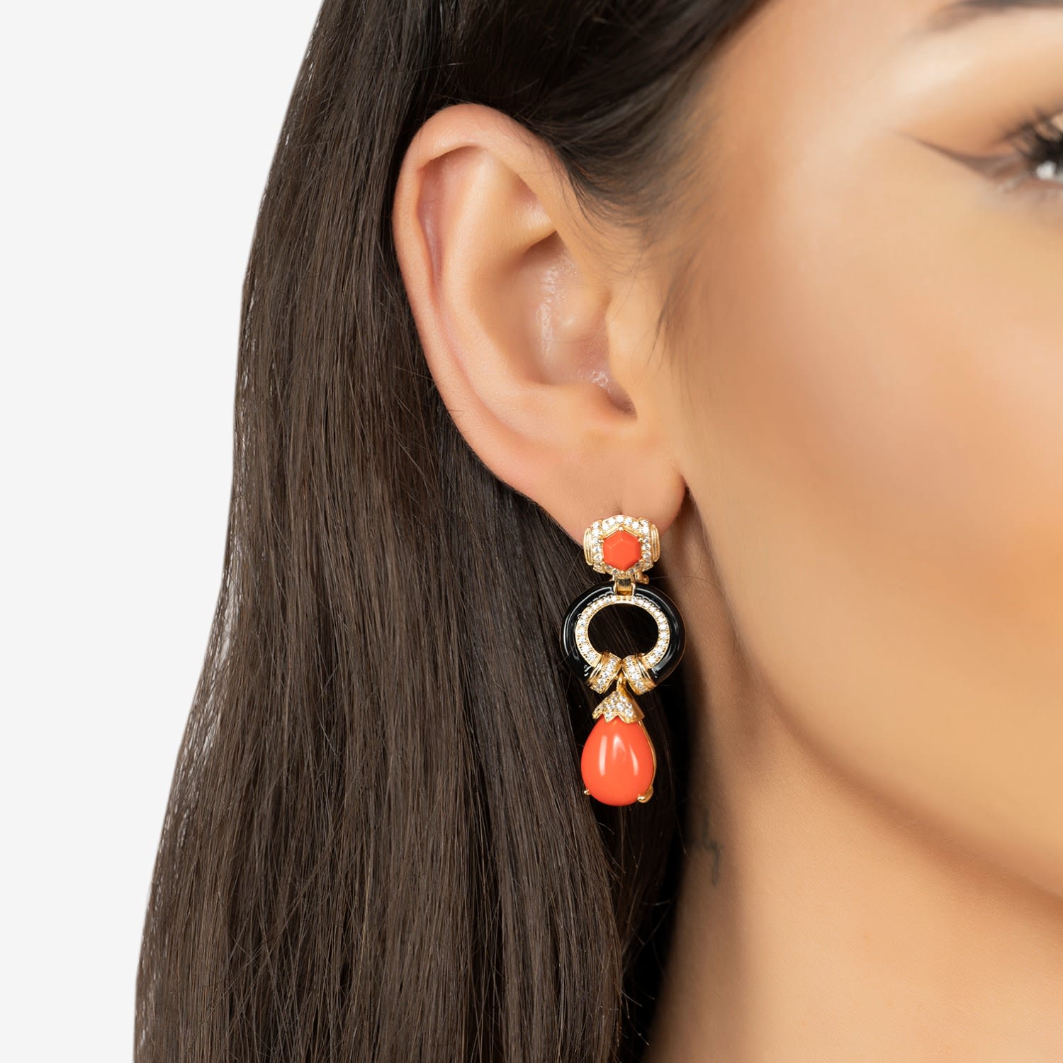 Clara Bow Coral & Enamel Drop Earrings Gold