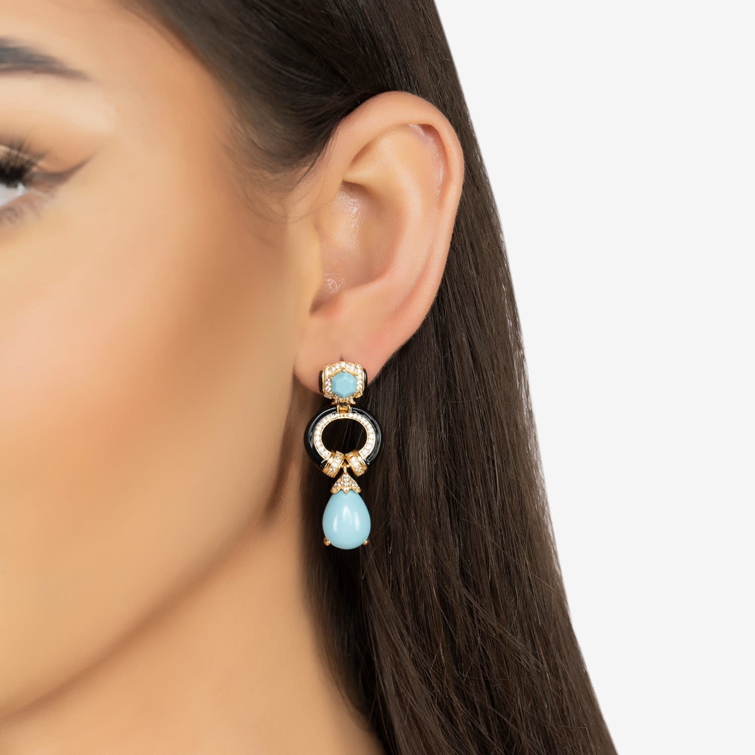 Clara Bow Turquoise & Enamel Drop Earrings Gold