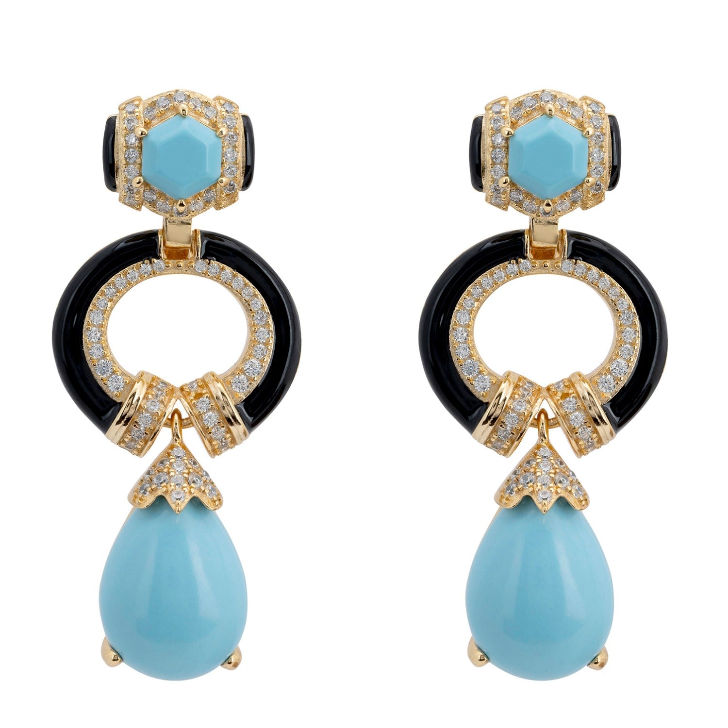 Clara Bow Turquoise & Enamel Drop Earrings Gold