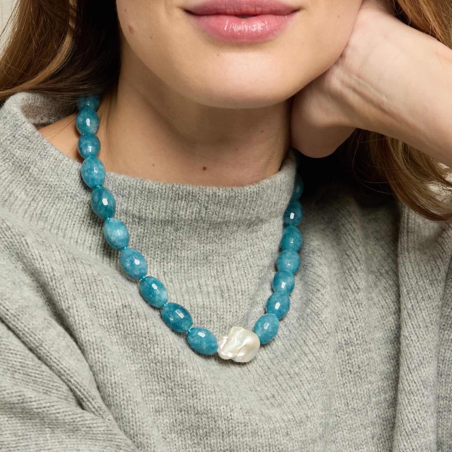 Clara Chunky Faceted Aquamarine Necklace With Central Cultured Freshwater Pearl