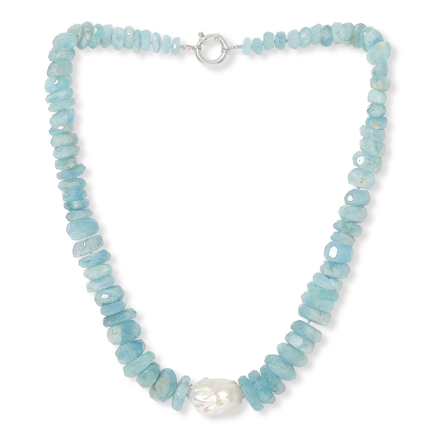 Clara Chunky Graduated Aquamarine Necklace With Central Cultured Freshwater Pearl