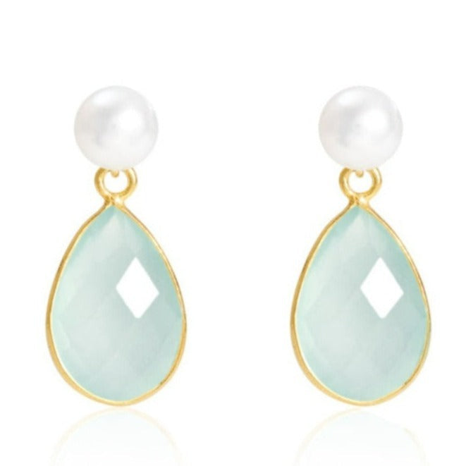 Clara Cultured Freshwater Pearls & Aqua Chalcedony Drop Earrings