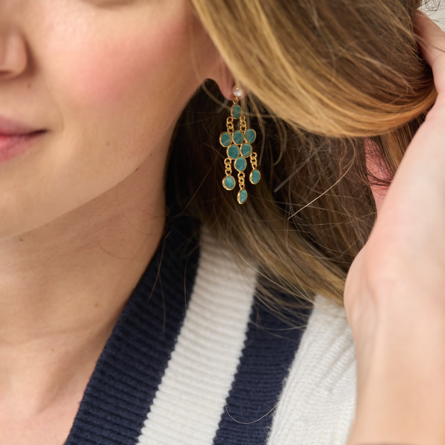 Clara Cultured Freshwater Pearl Earrings & Aqua Chalcedony Chandelier Earrings