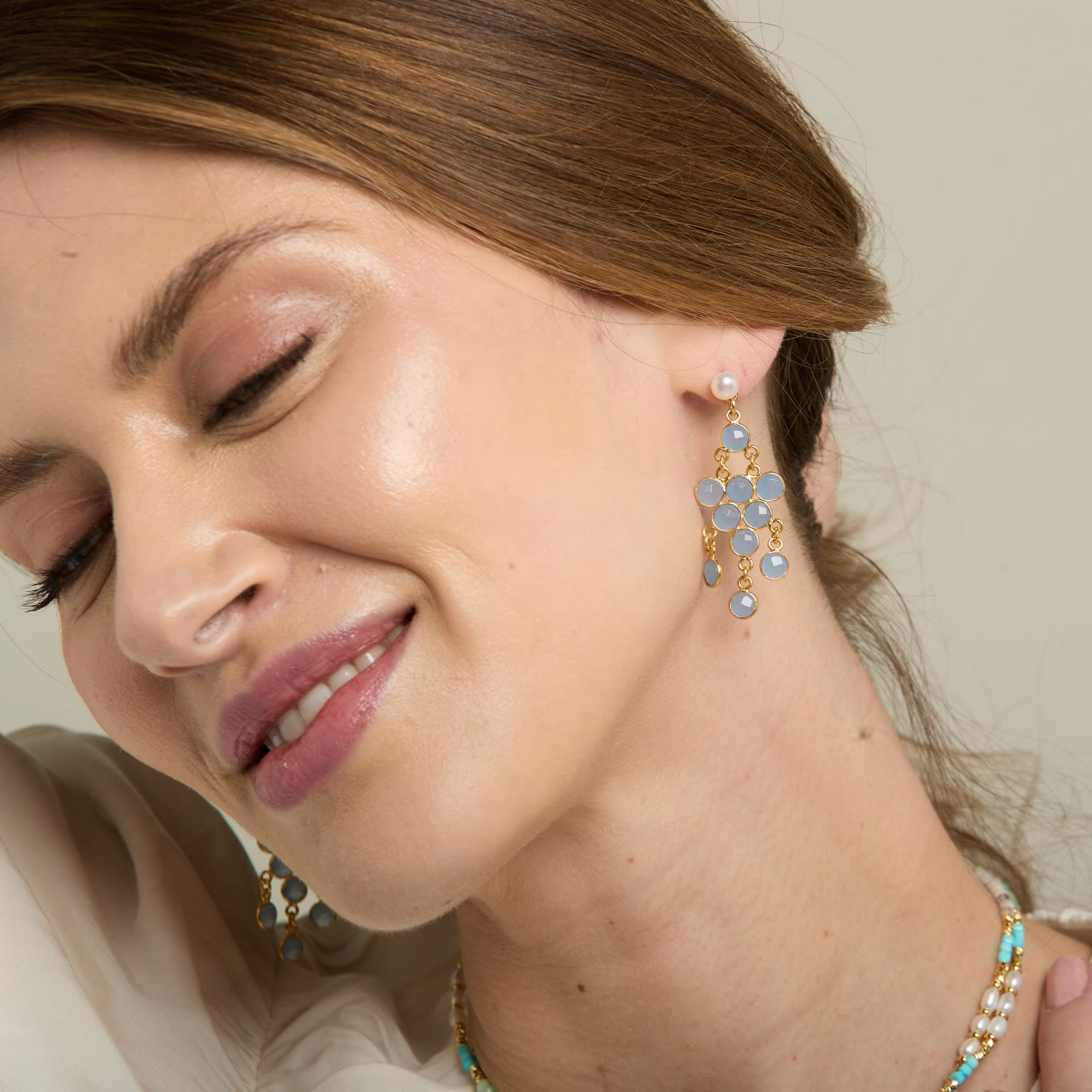 Clara Cultured Freshwater Pearl Earrings & Blue Chalcedony Chandelier Earrings