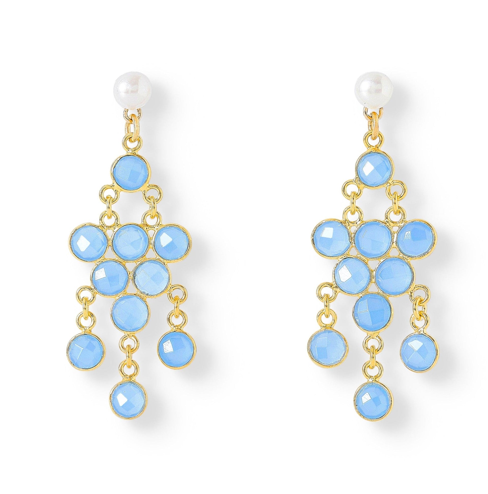 Clara Cultured Freshwater Pearl Earrings & Blue Chalcedony Chandelier Earrings