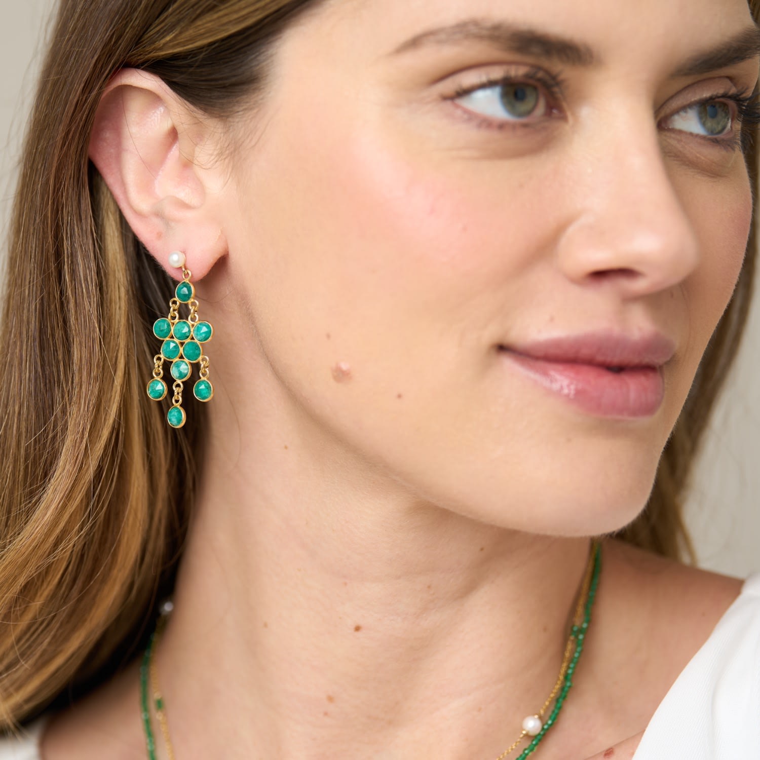 Clara Cultured Freshwater Pearl Earrings & Emerald Chandelier Earrings