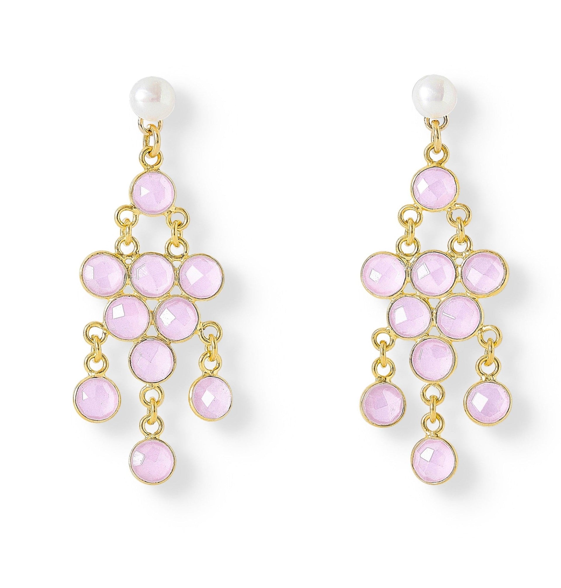 Clara Cultured Freshwater Pearl Earrings & Rose Quartz Chalcedony Chandelier Earrings
