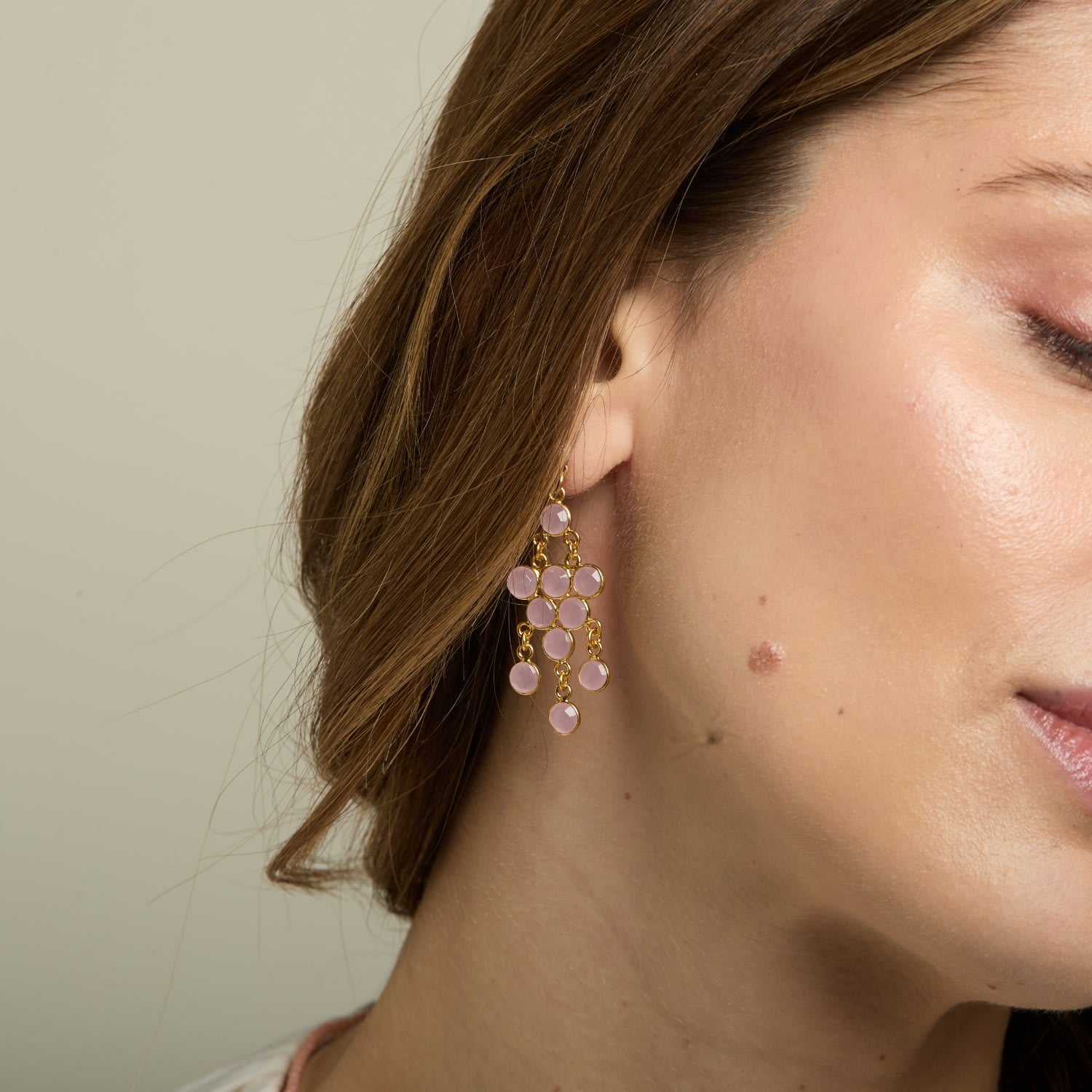 Clara Cultured Freshwater Pearl Earrings & Rose Quartz Chalcedony Chandelier Earrings