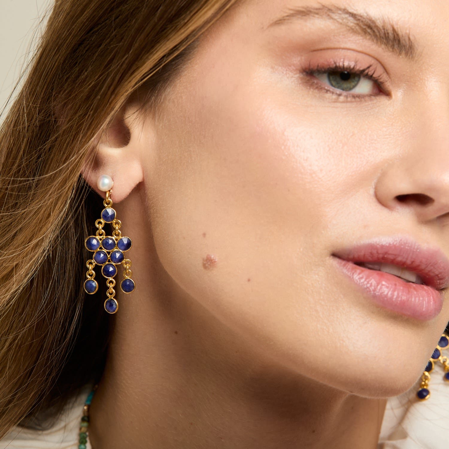 Clara Cultured Freshwater Pearl Earrings & Sapphire Chandelier Earrings