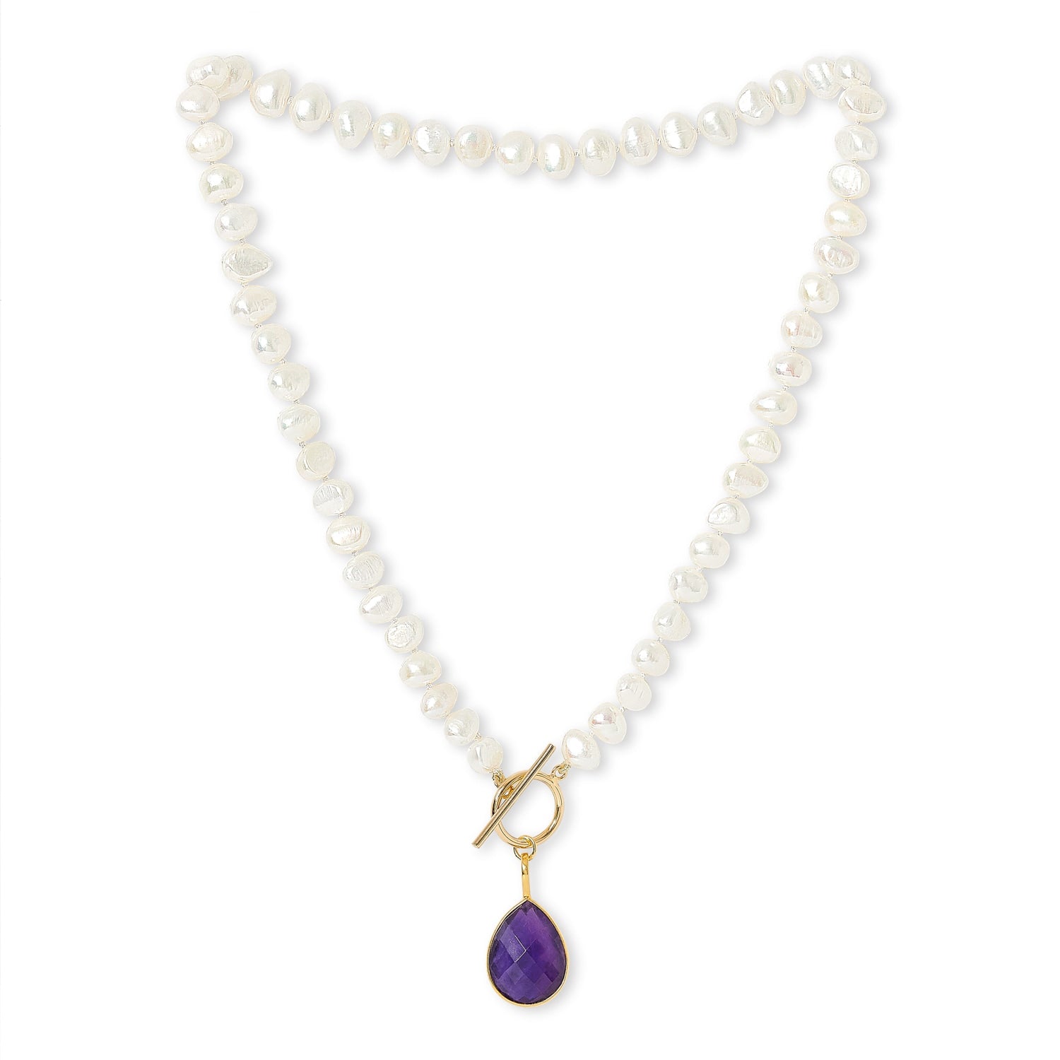 Clara Cultured Irregular Freshwater Pearl Necklace With Amethyst Gold Vermeil Drop